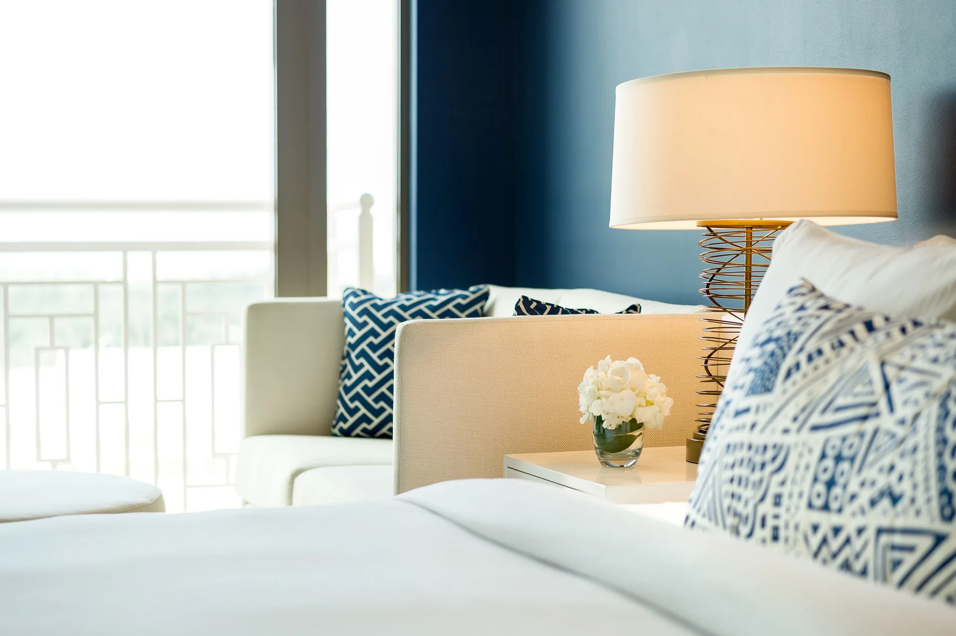 Ocean View room bedside lamp and sofa detail at Grand Hyatt Baha Mar.