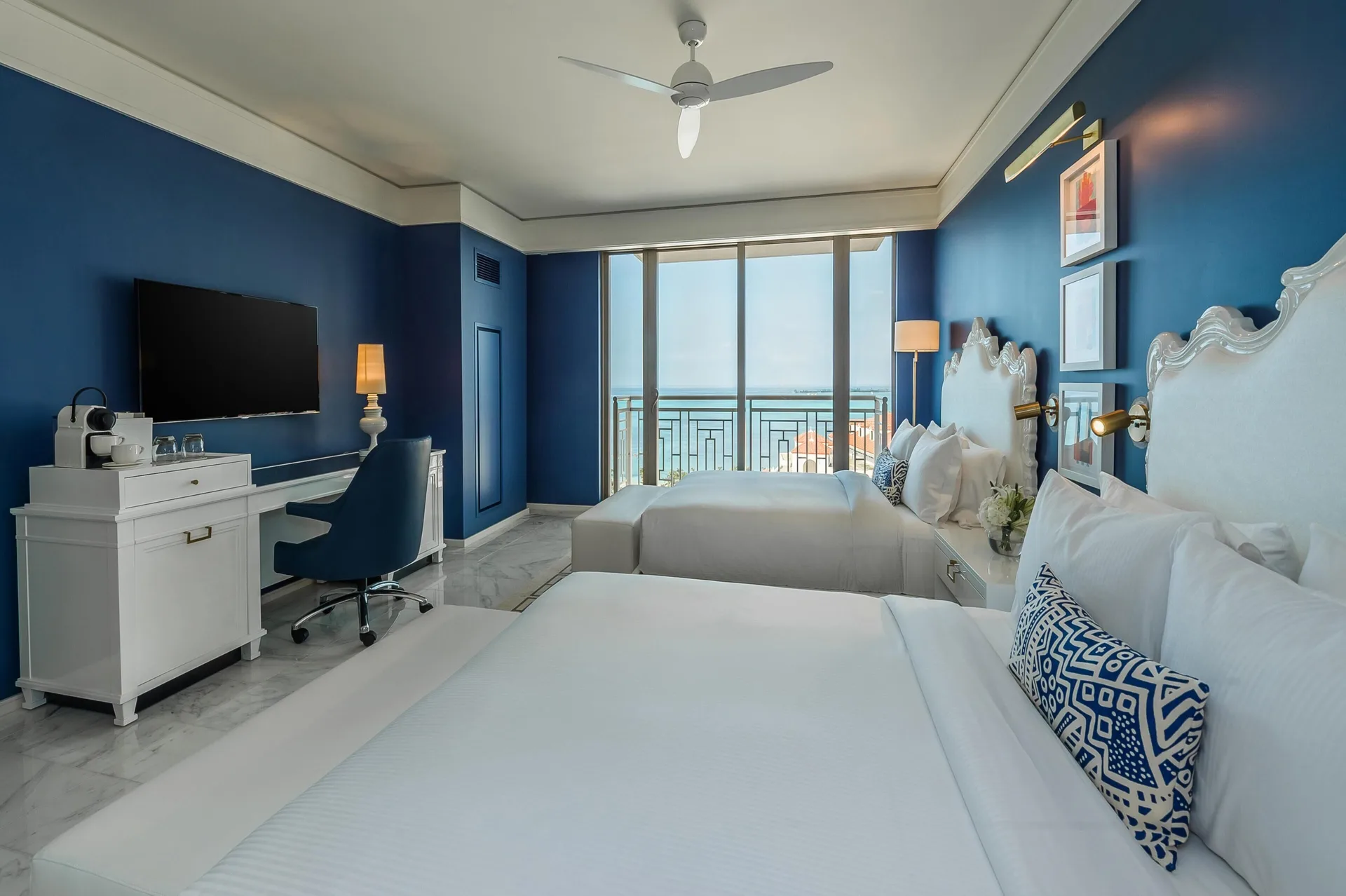 Ocean View double room with two beds and blue walls at Grand Hyatt Baha Mar.
