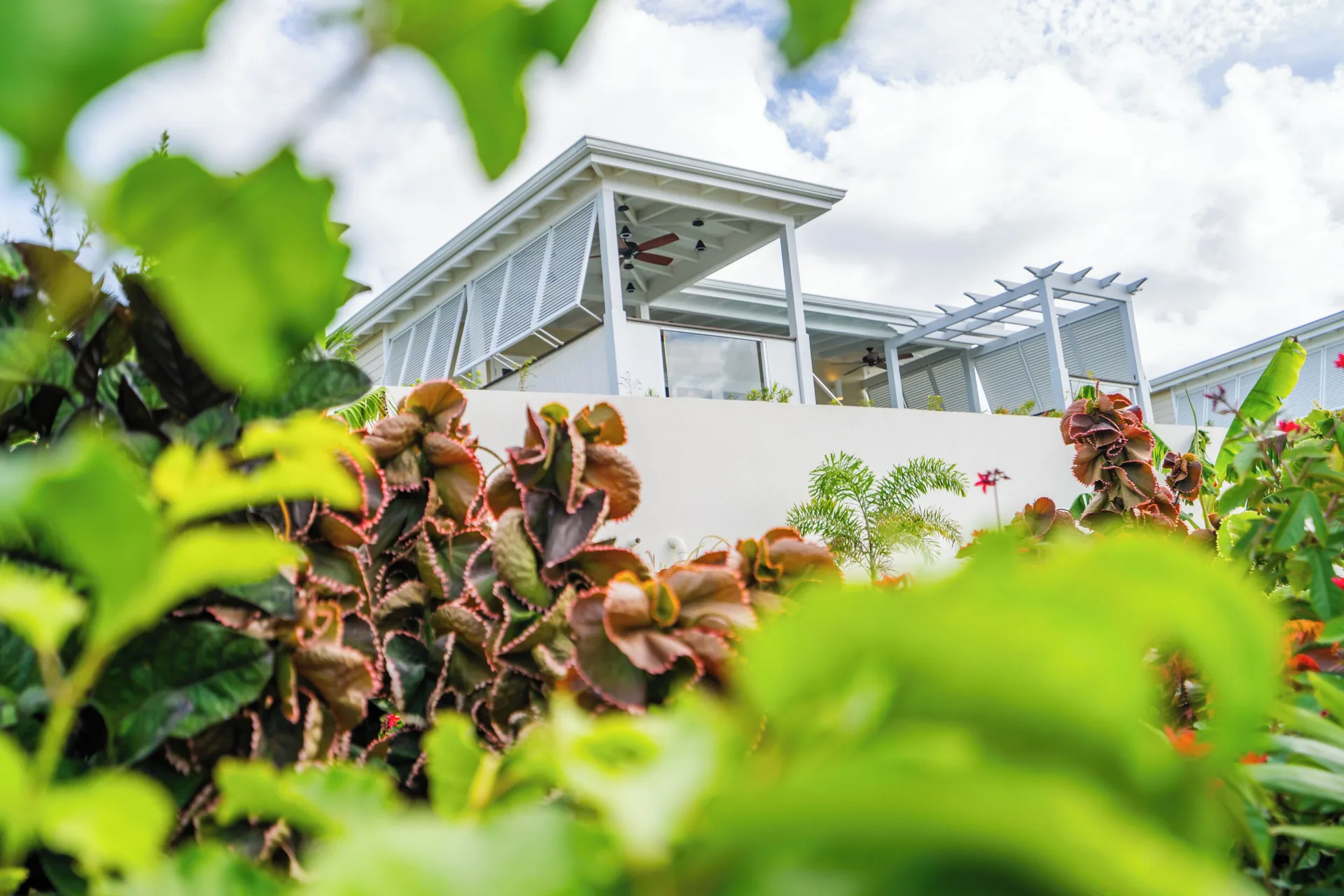 Signature Villa exterior framed by tropical landscaping at Hammock Cove Antigua.