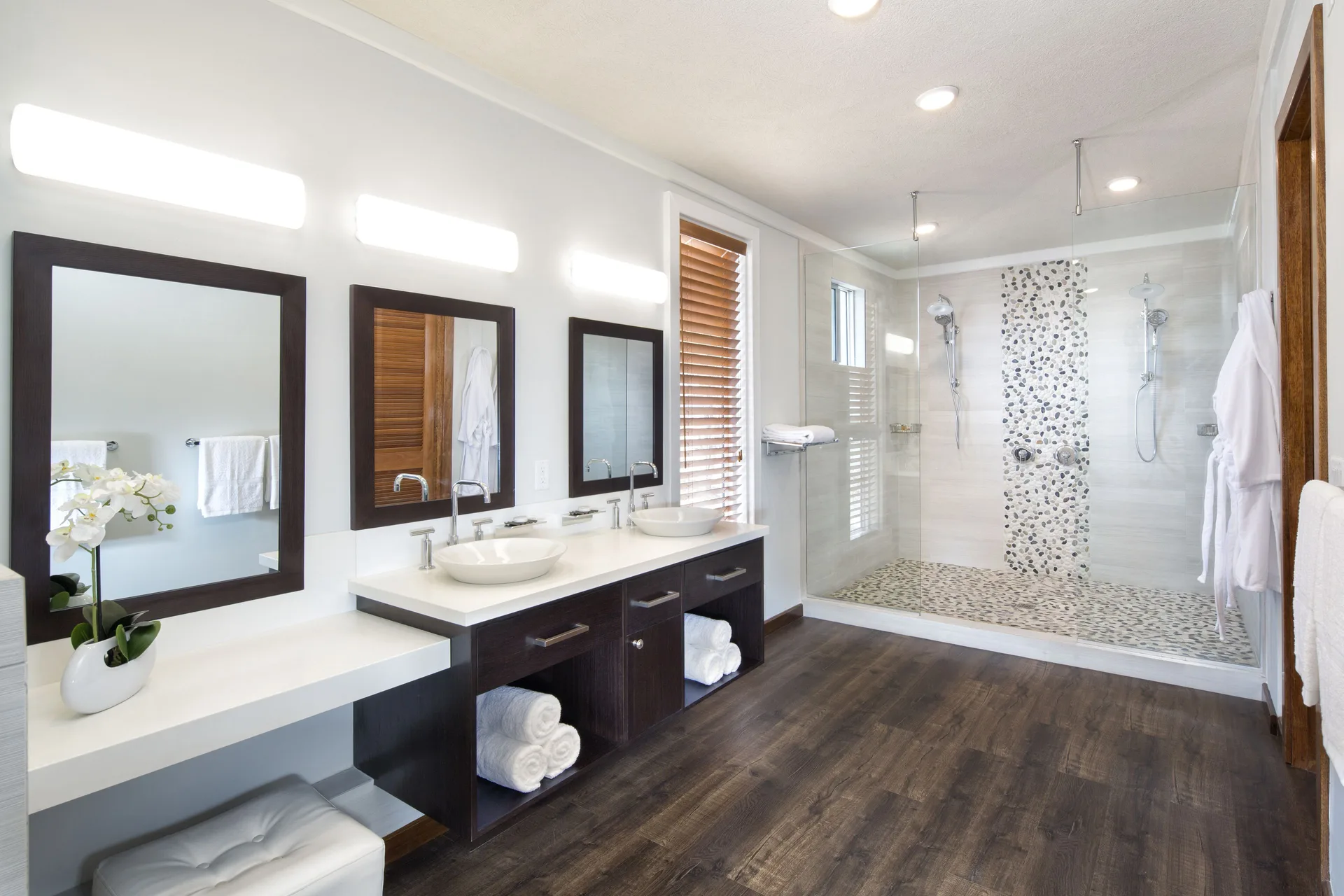 Waterfront Villa bathroom with double vanity and walk-in shower at Hammock Cove Antigua.