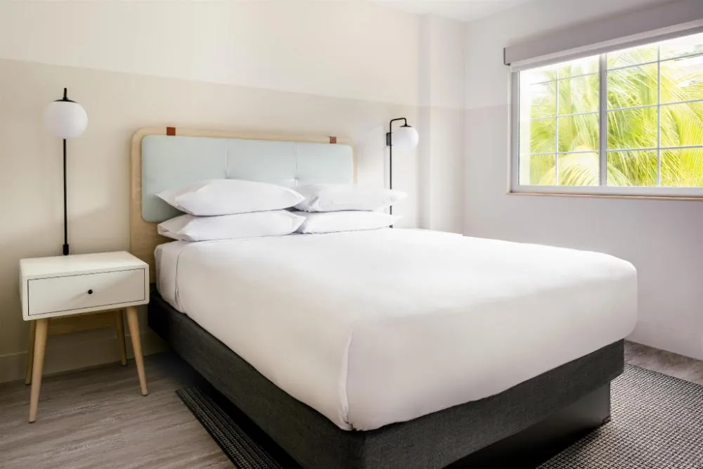 Standard room king bed beside a window with palm leaves at Hampton by Hilton Grand Cayman Seven Mile Beach.
