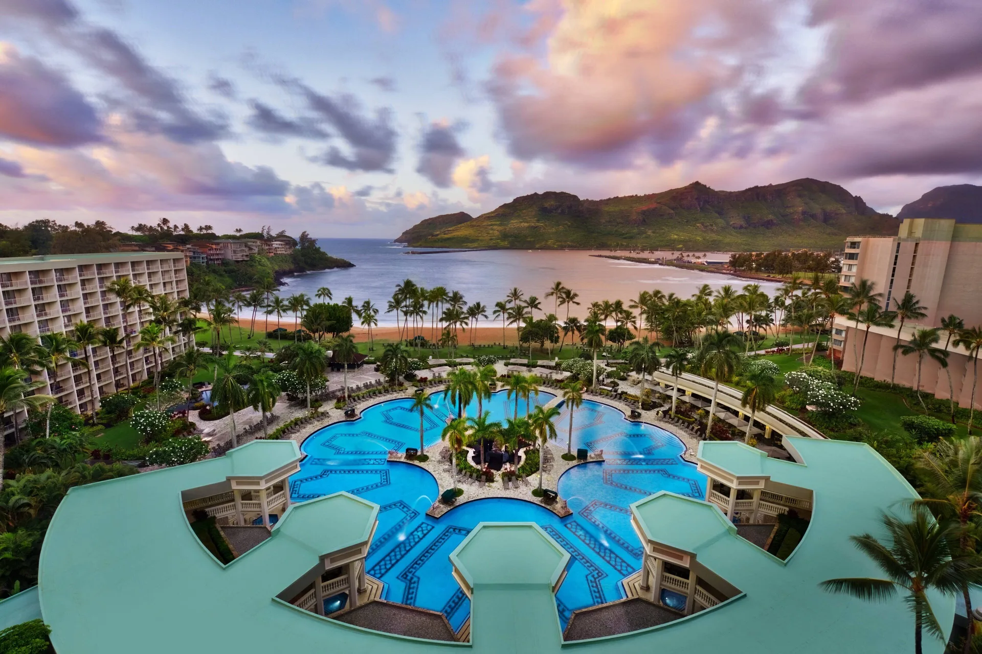 Marriott's Kaua'i Beach Club resort in Lihue with beachfront pools and ocean views on Kalapaki Bay.