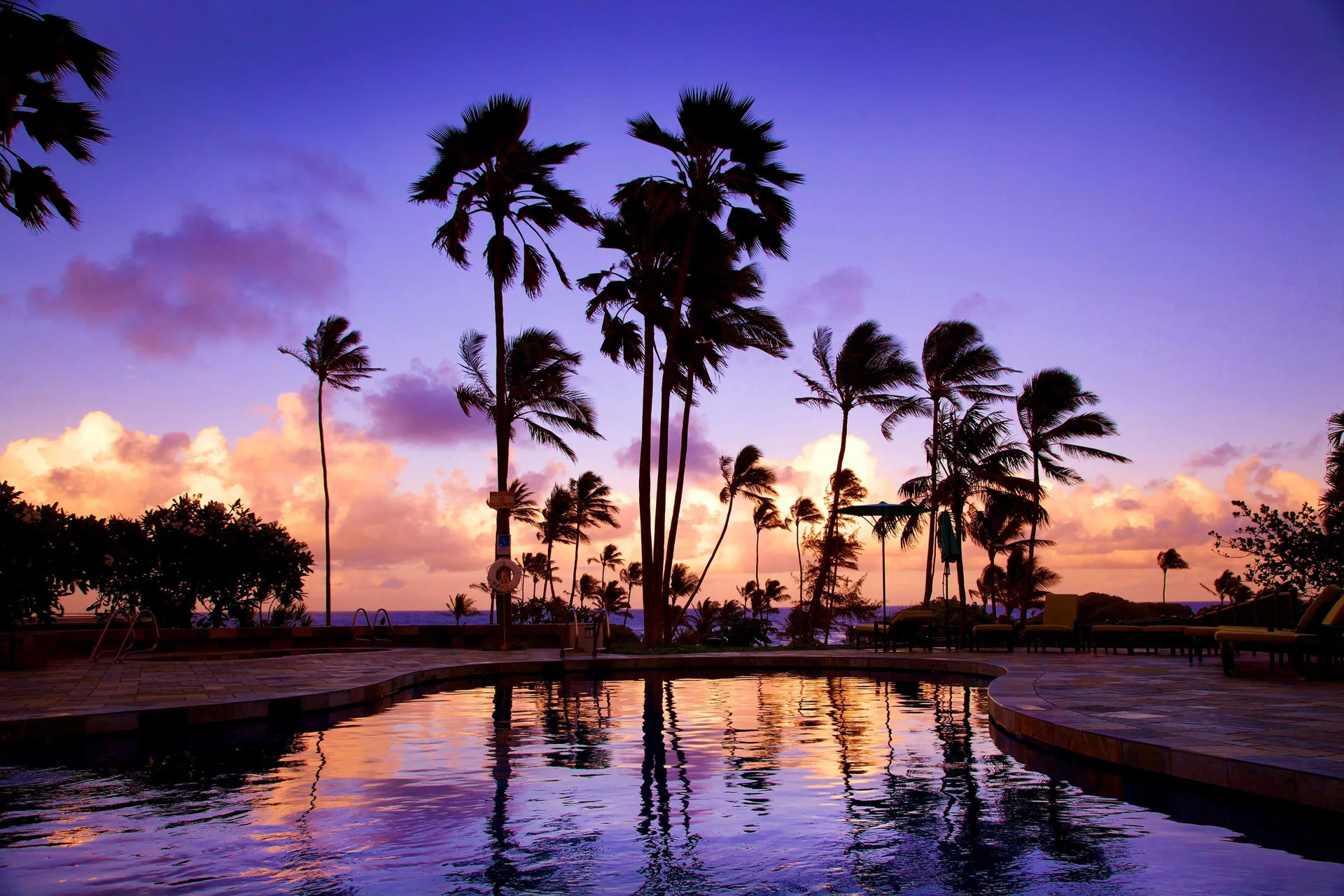 Pool silhouettes and palm trees at dusk at Hilton Garden Inn Kauai Wailua Bay.