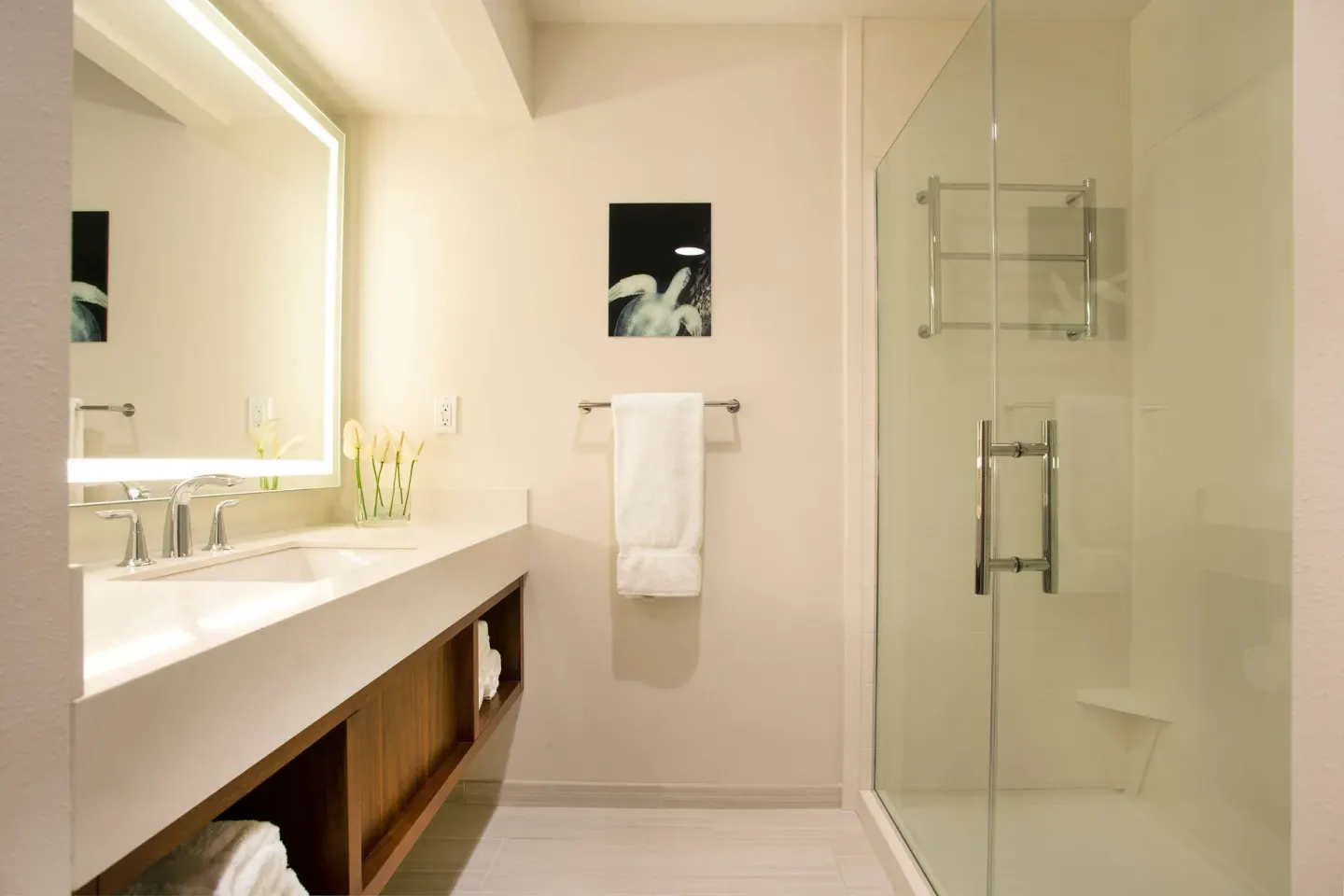 Cottage bathroom with illuminated mirror, vanity, and glass shower at Hilton Garden Inn Kauai Wailua Bay.