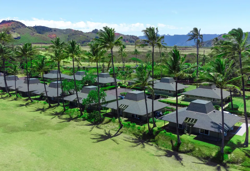 Cottage buildings among palm trees and lawns at Hilton Garden Inn Kauai Wailua Bay.