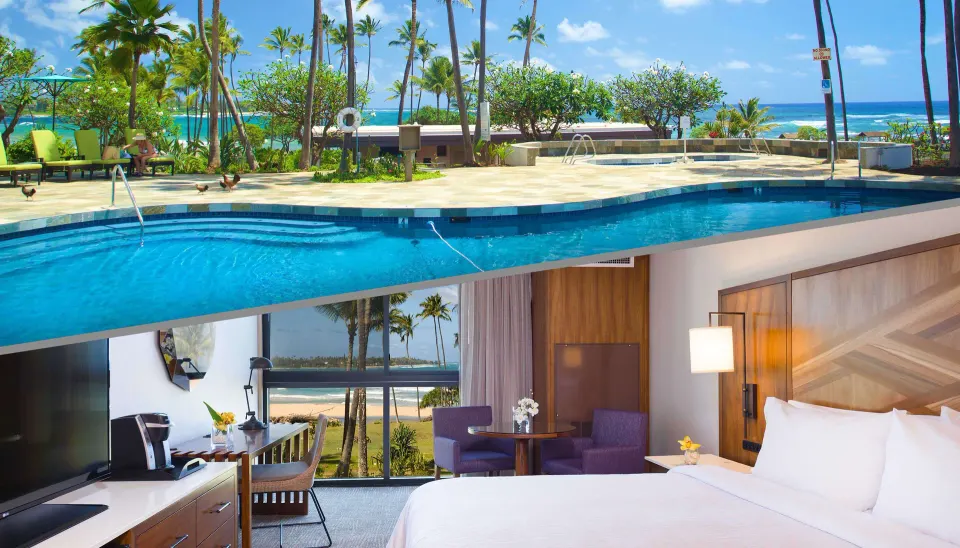 Junior Suite Ocean View room and pool scene at Hilton Garden Inn Kauai Wailua Bay.
