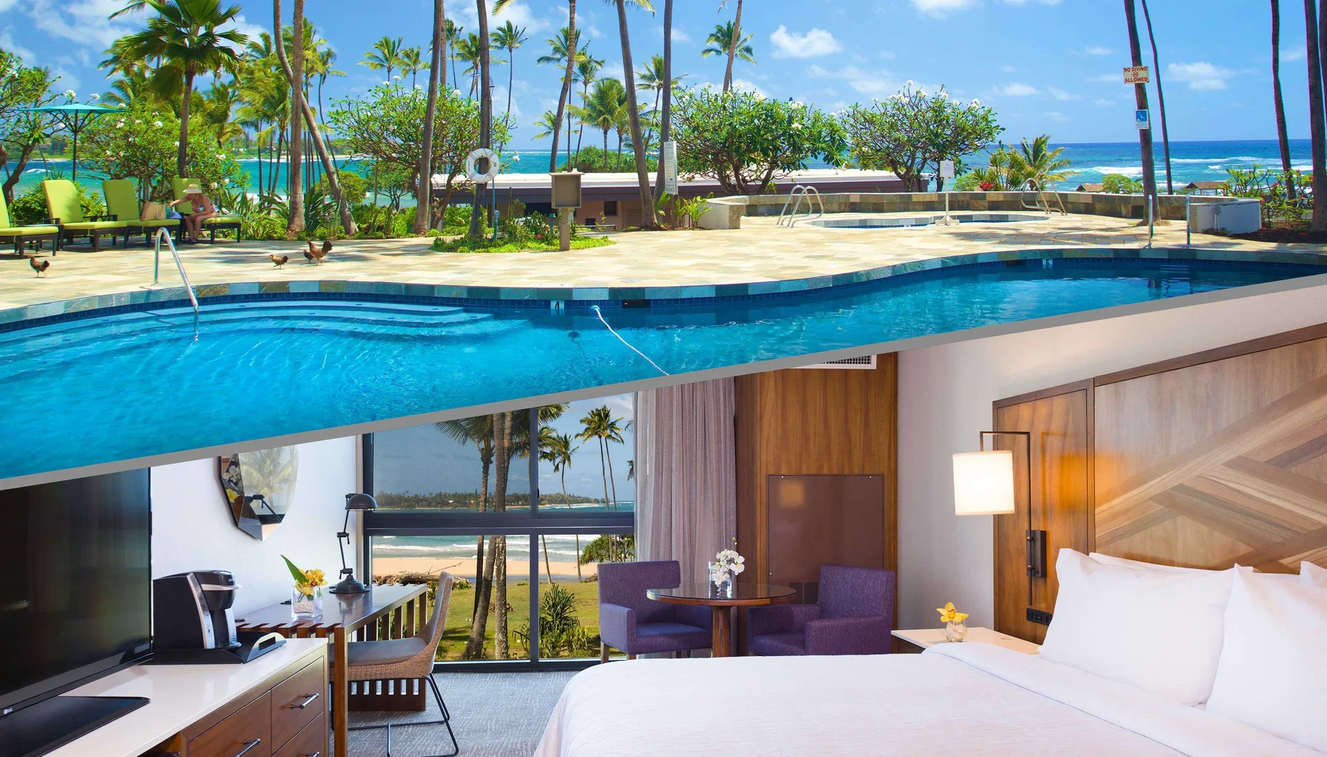 Junior Suite Ocean View room and pool scene at Hilton Garden Inn Kauai Wailua Bay.