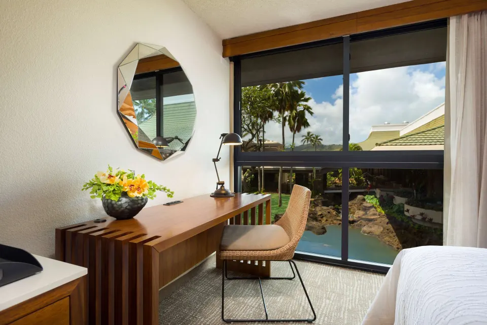 Accessible room desk by large window at Hilton Garden Inn Kauai Wailua Bay.