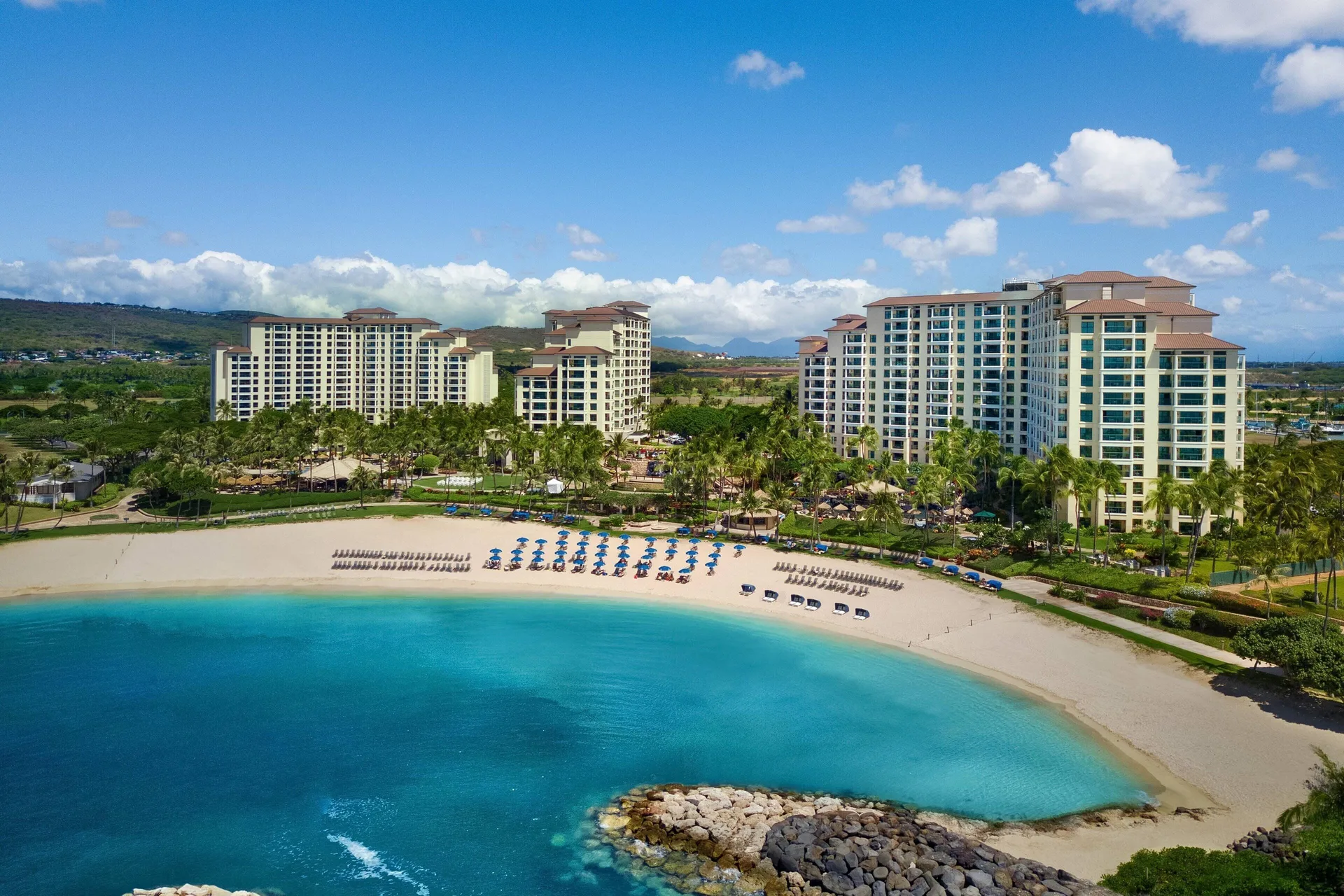Marriott's Ko'Olina Beach Club resort with oceanfront villas and calm lagoon beach on Oahu's west side in Ko Olina, Hawaii.