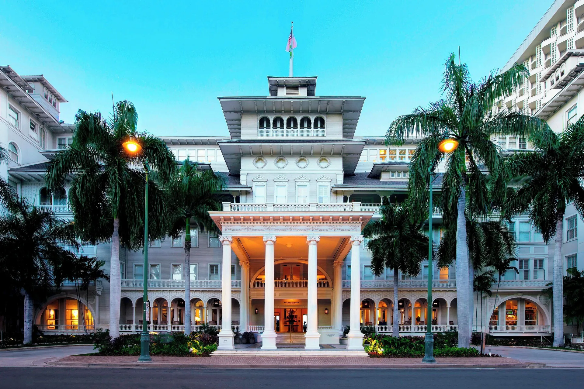 Moana Surfrider historic Waikiki Beach resort with colonial architecture and oceanfront setting