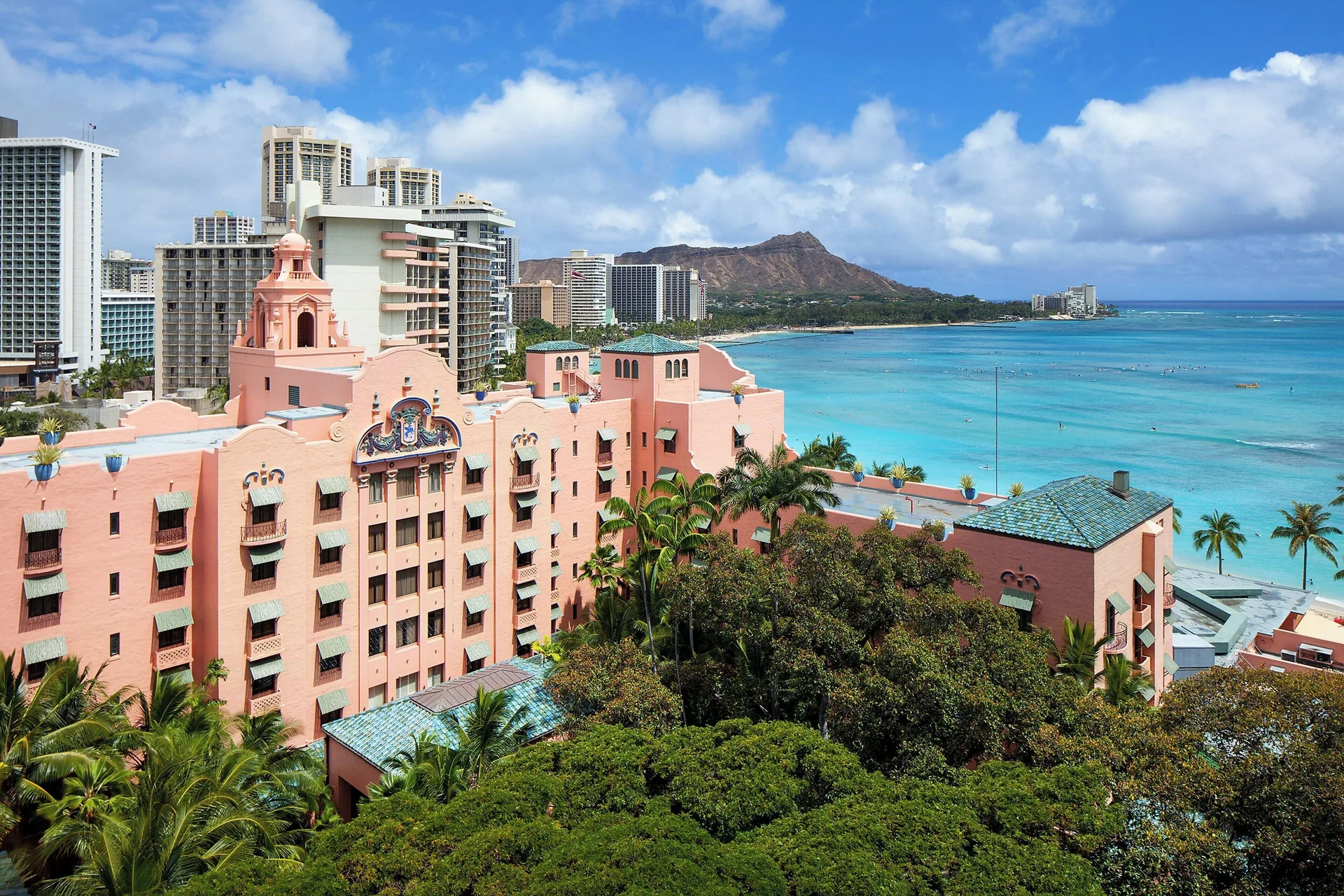 The Royal Hawaiian historic Waikiki luxury resort with pink facade and beachfront setting