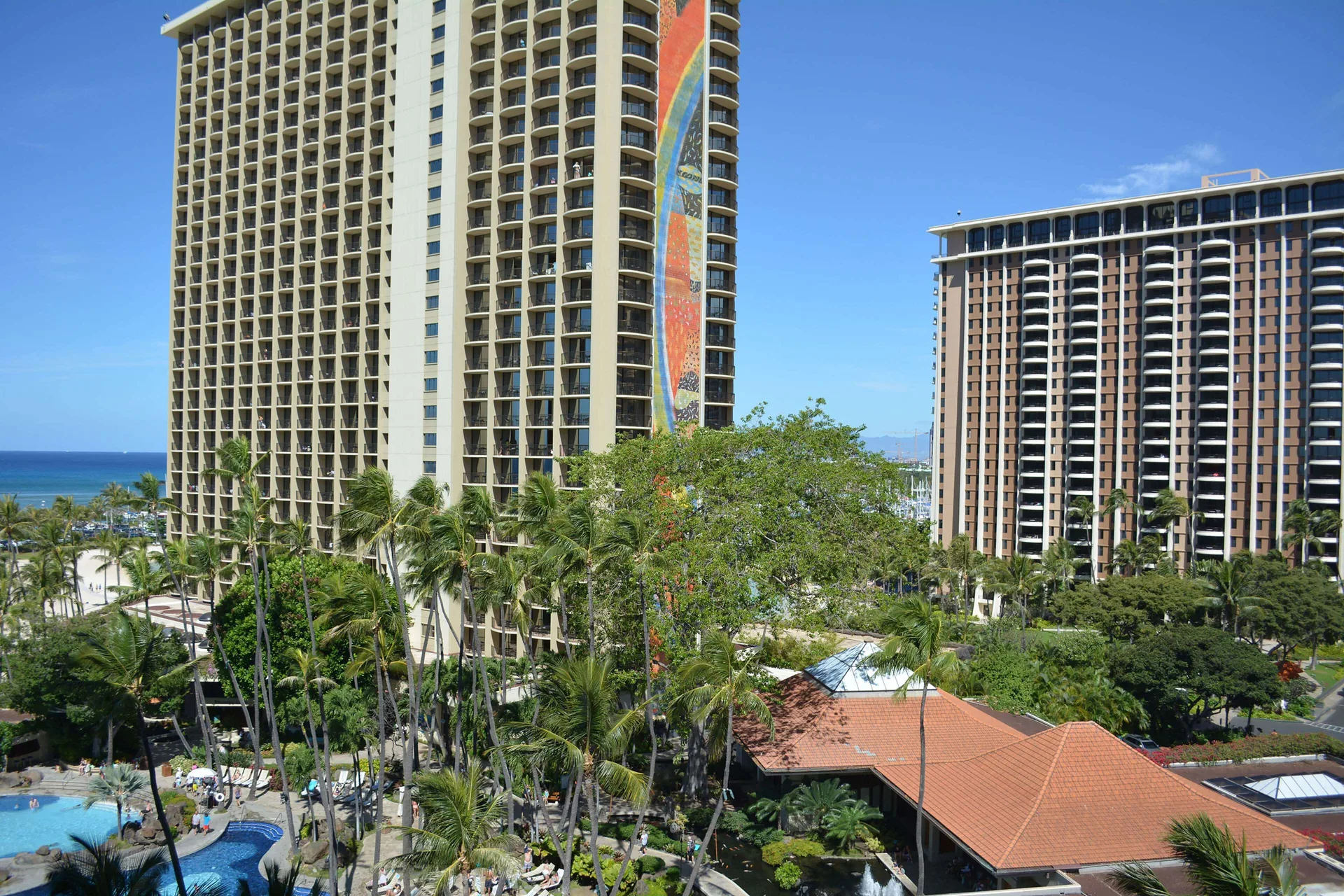 Ocean and resort tower view from an accessible room at Hilton Hawaiian Village Waikiki Beach Resort.