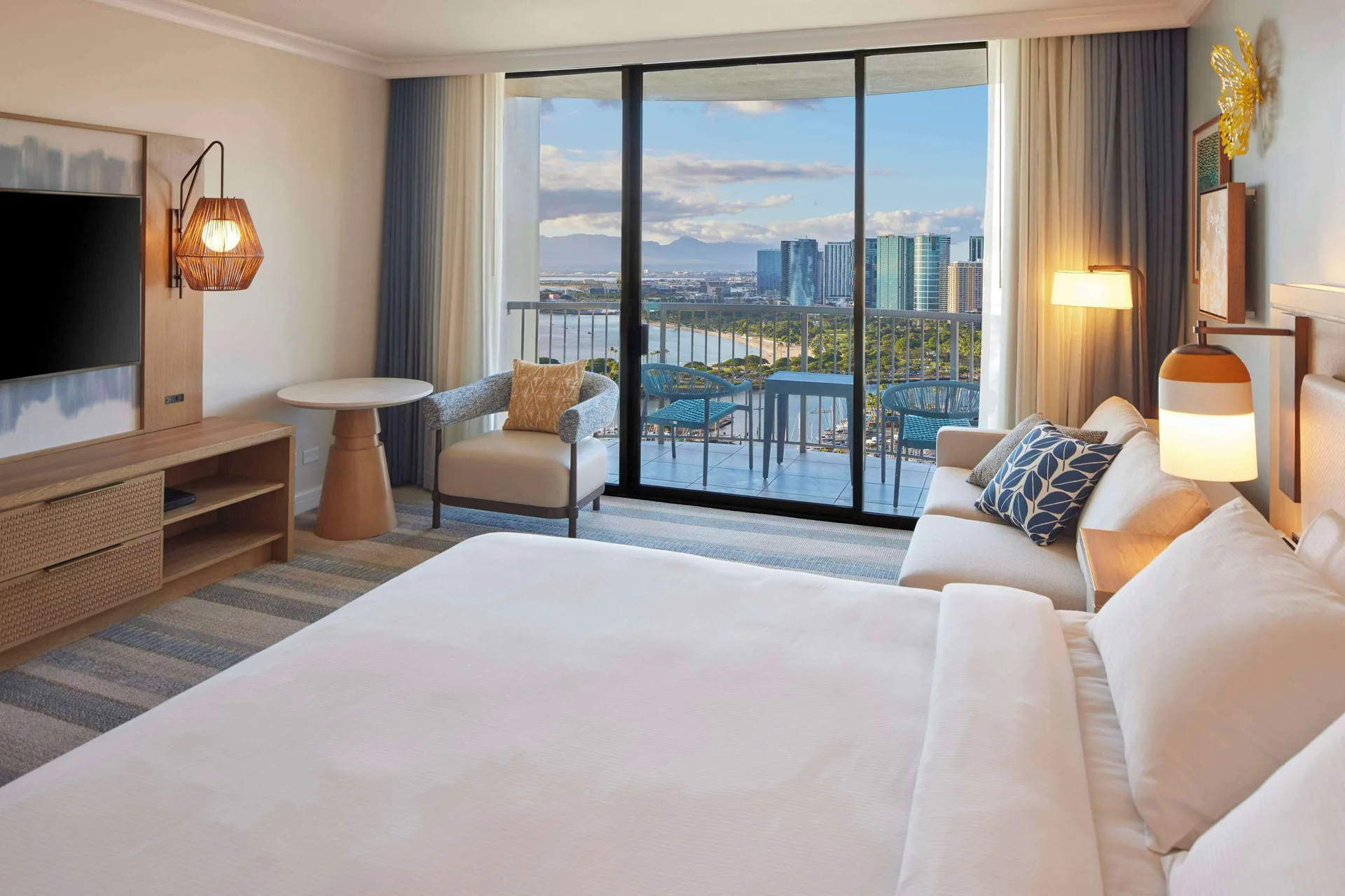 King-bed Ocean View room with balcony at Hilton Hawaiian Village Waikiki Beach Resort.