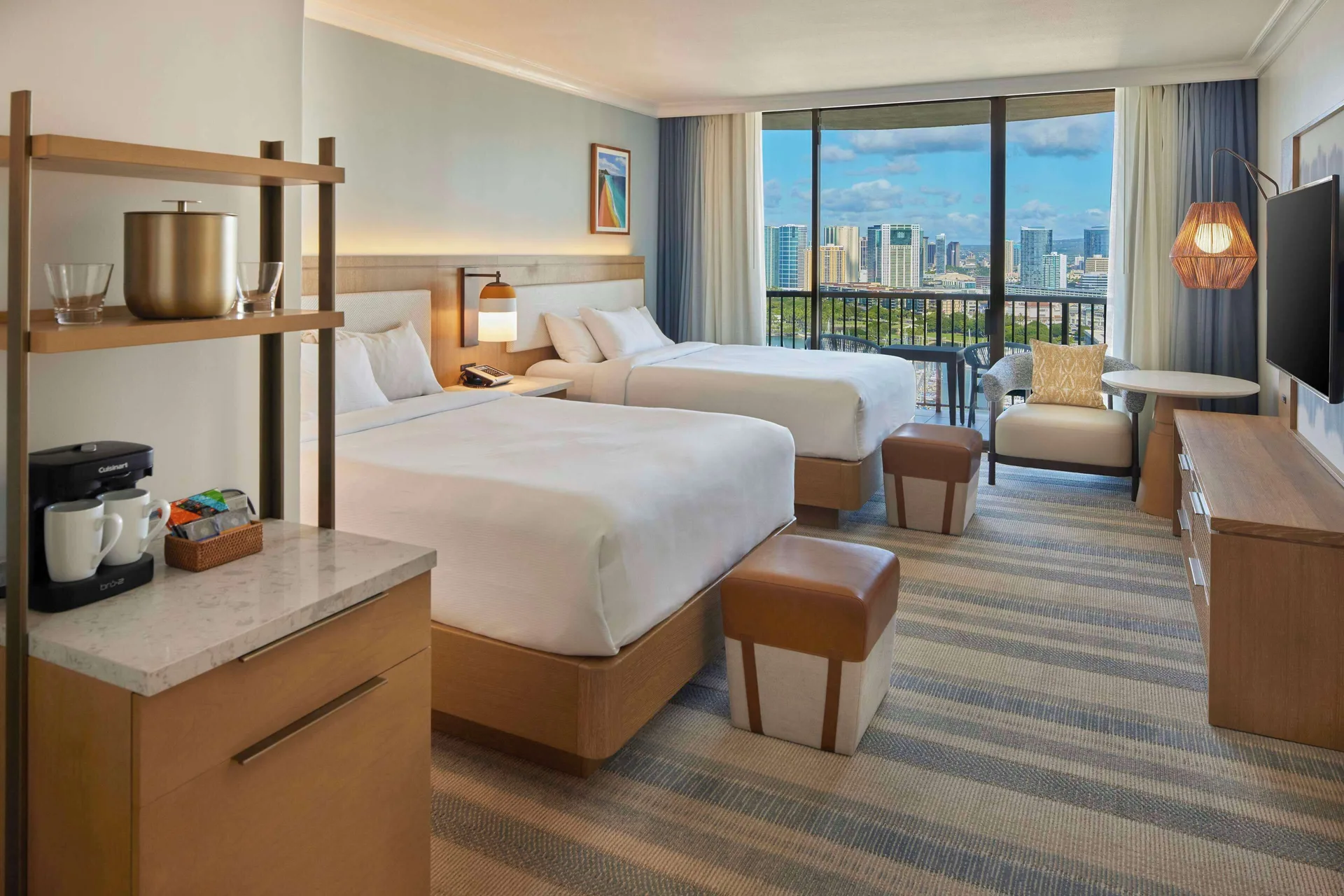Two-bed Ocean View room with coffee station at Hilton Hawaiian Village Waikiki Beach Resort.