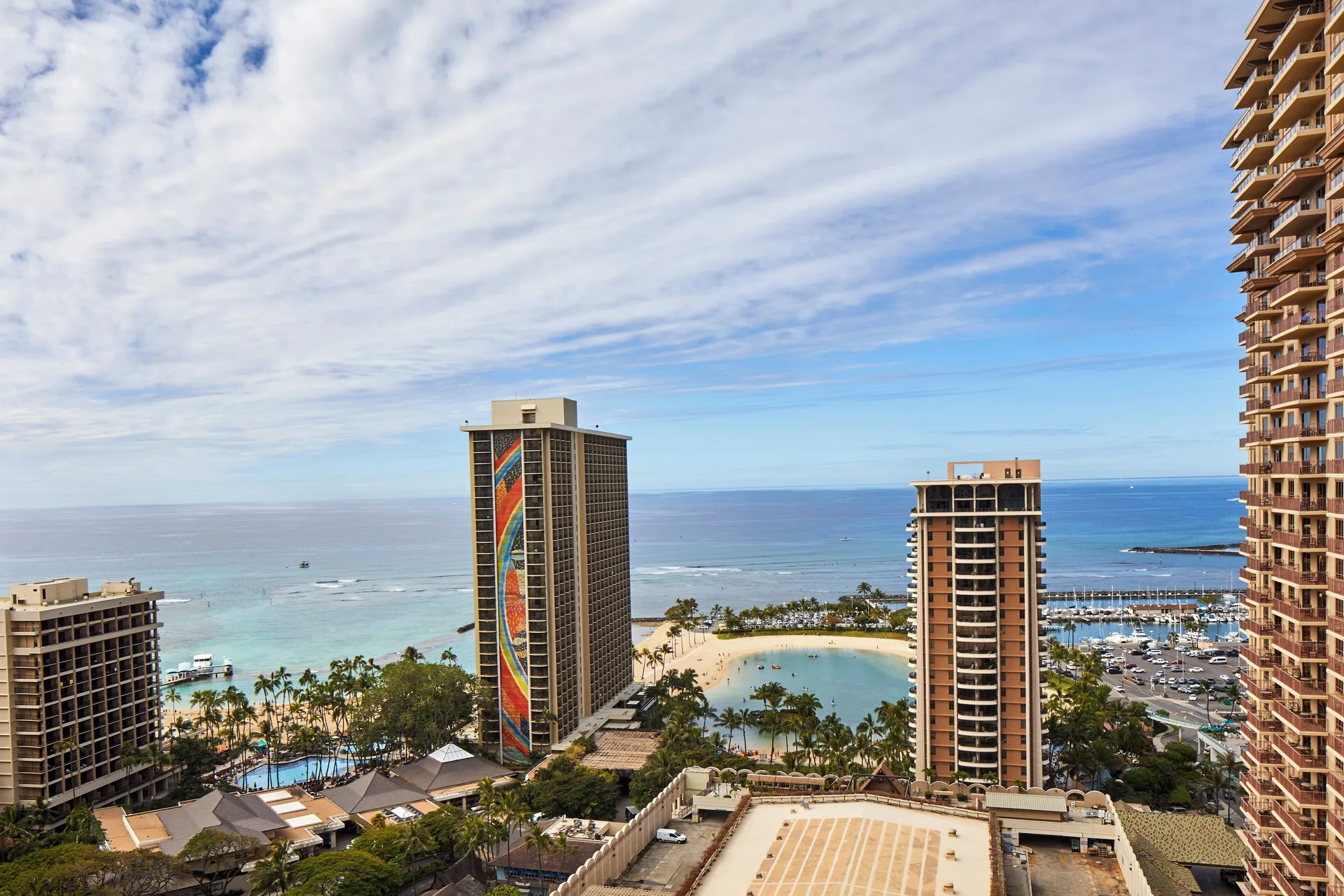 Ocean and lagoon view from a guest room at Hilton Hawaiian Village Waikiki Beach Resort.
