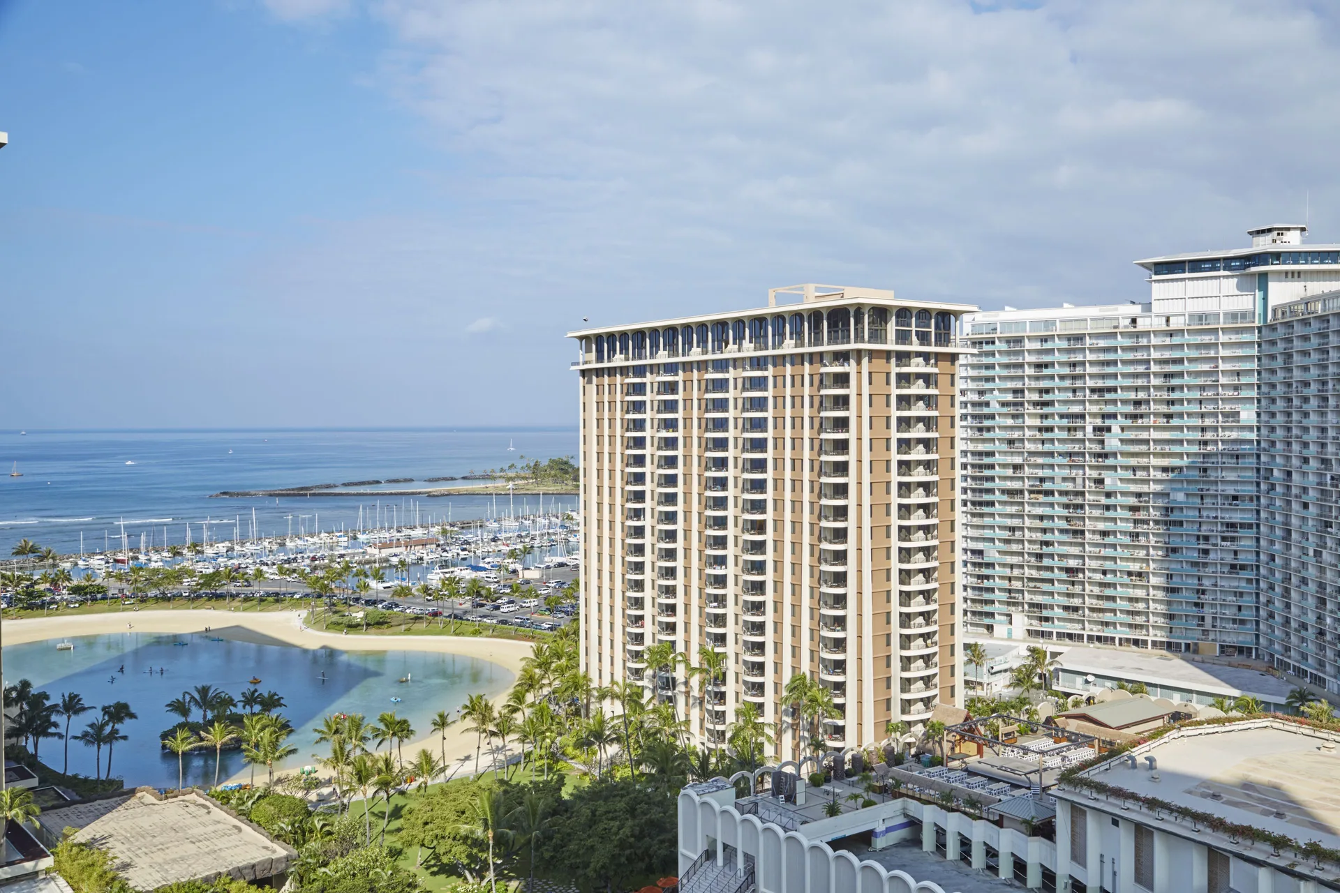 Marina, lagoon, and ocean view from a room at Hilton Hawaiian Village Waikiki Beach Resort.