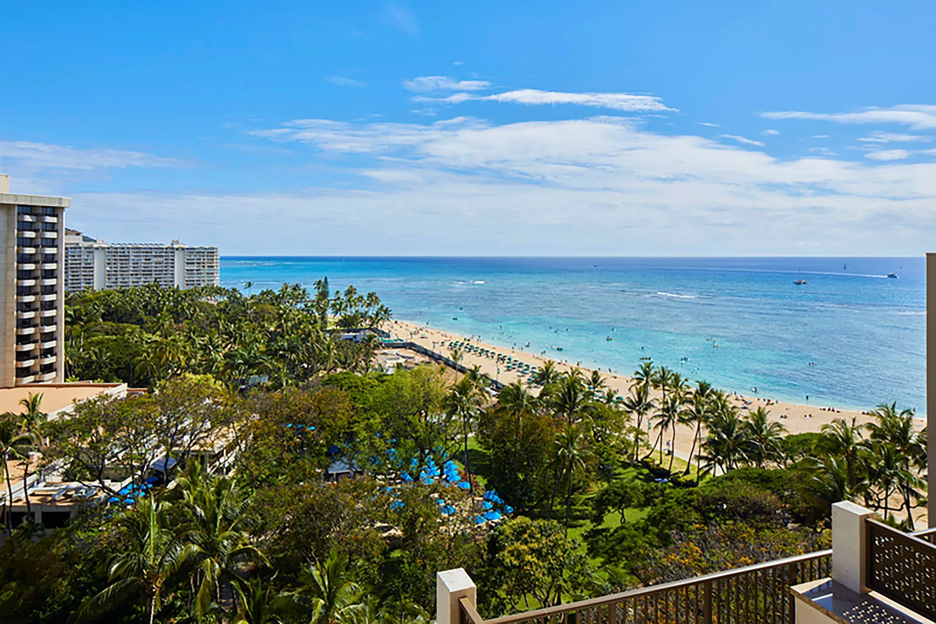 Waikiki Beach and ocean view from a balcony at Hilton Hawaiian Village Waikiki Beach Resort.