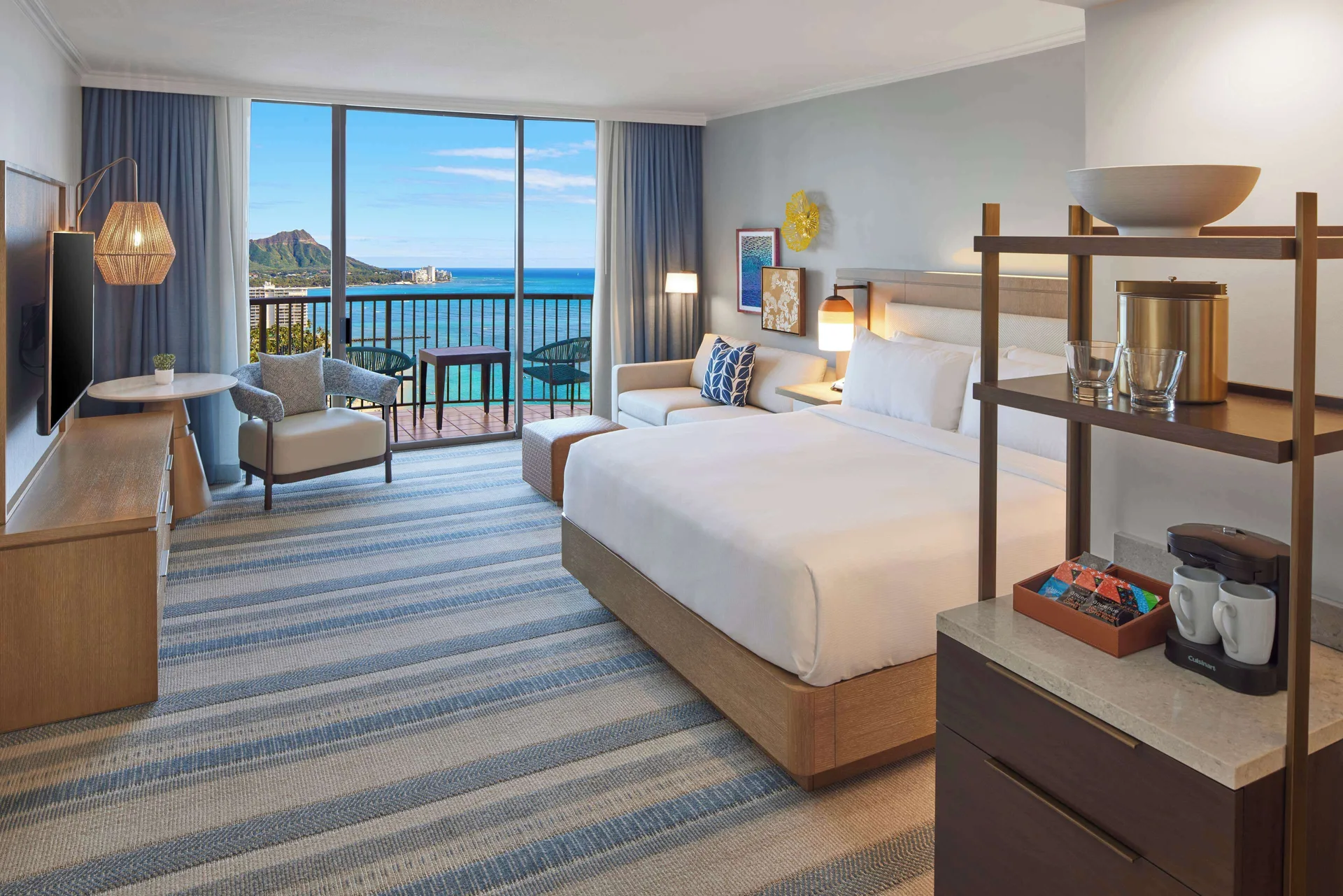 Renovated Rainbow Tower king room with ocean view at Hilton Hawaiian Village Waikiki Beach Resort.