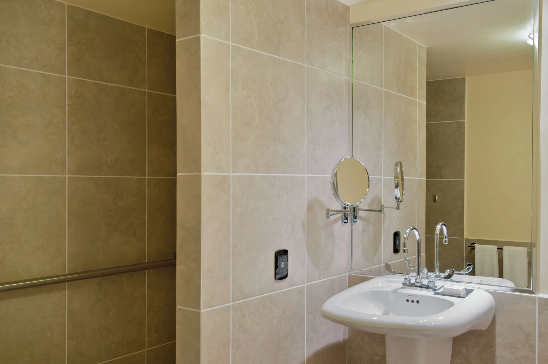 Accessible bathroom sink and shower grab bar at Hilton Trinidad & Conference Centre.