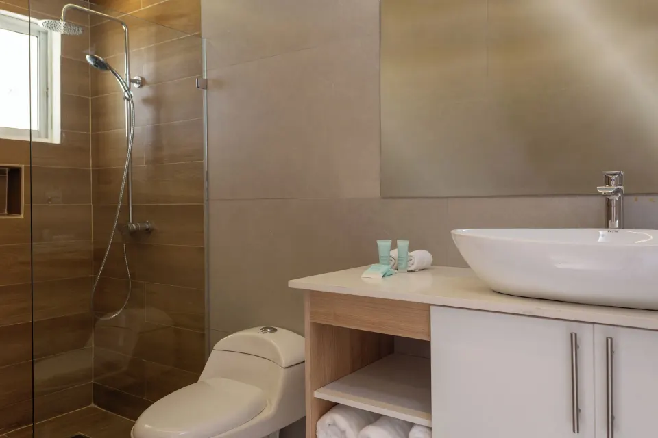 Sea View room bathroom with glass shower, toilet, vessel sink, and mirror at HM Alma de Bayahibe.
