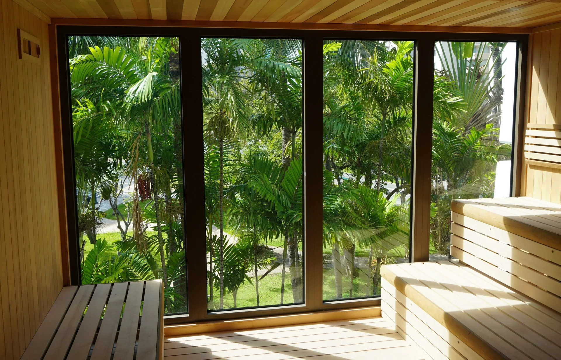 Wood-paneled sauna with large windows overlooking palms at Hotel La Croix.
