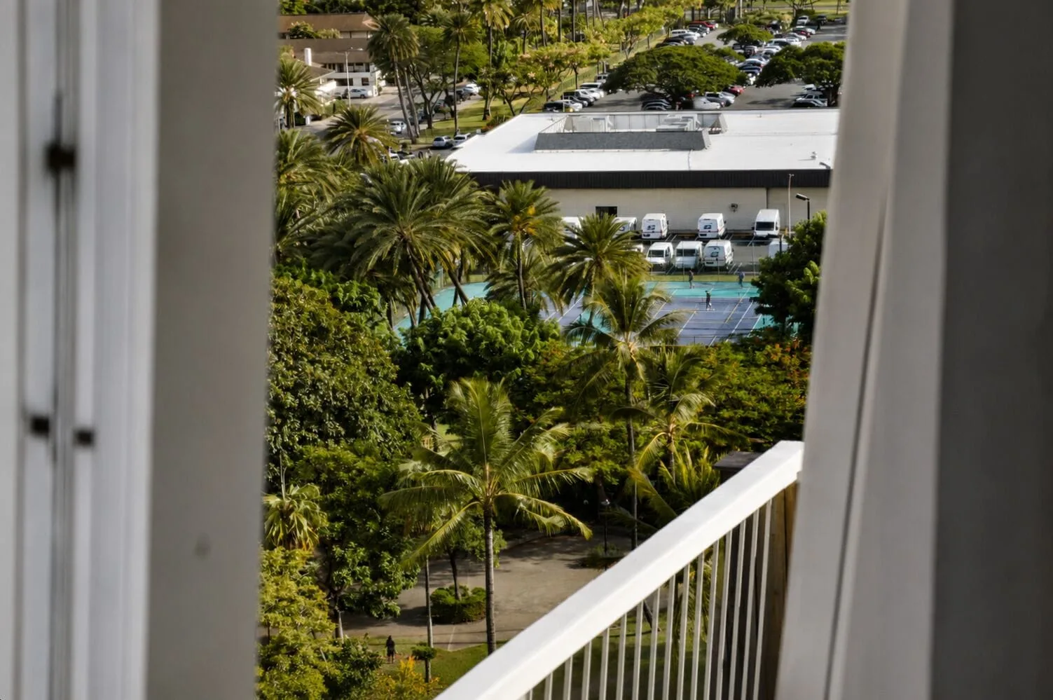 Balcony-framed view of palms and tennis courts from Hotel La Croix.