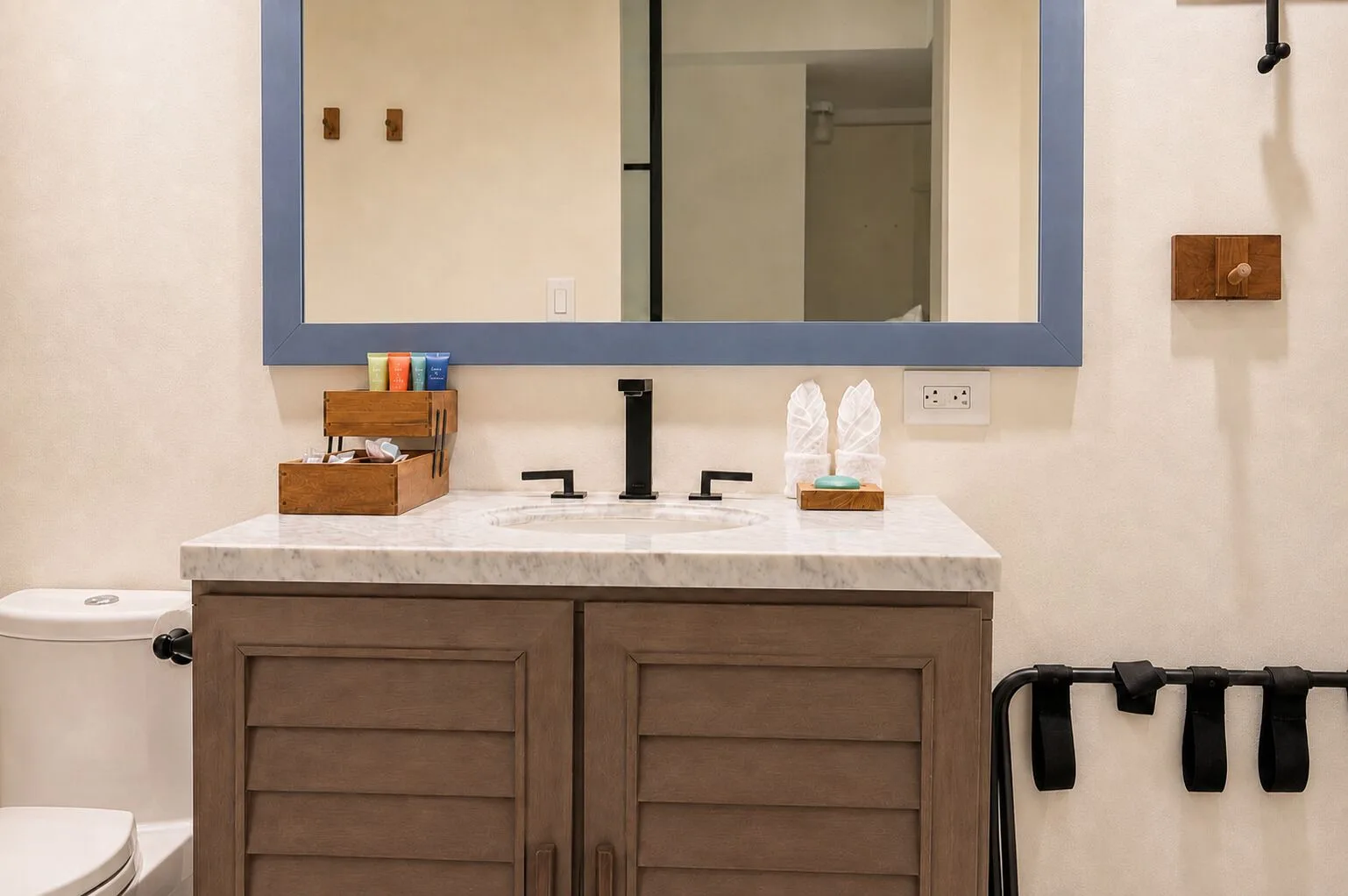 Penthouse Hoku Terrace ADA accessible bathroom vanity with grab bars at Hotel La Croix.