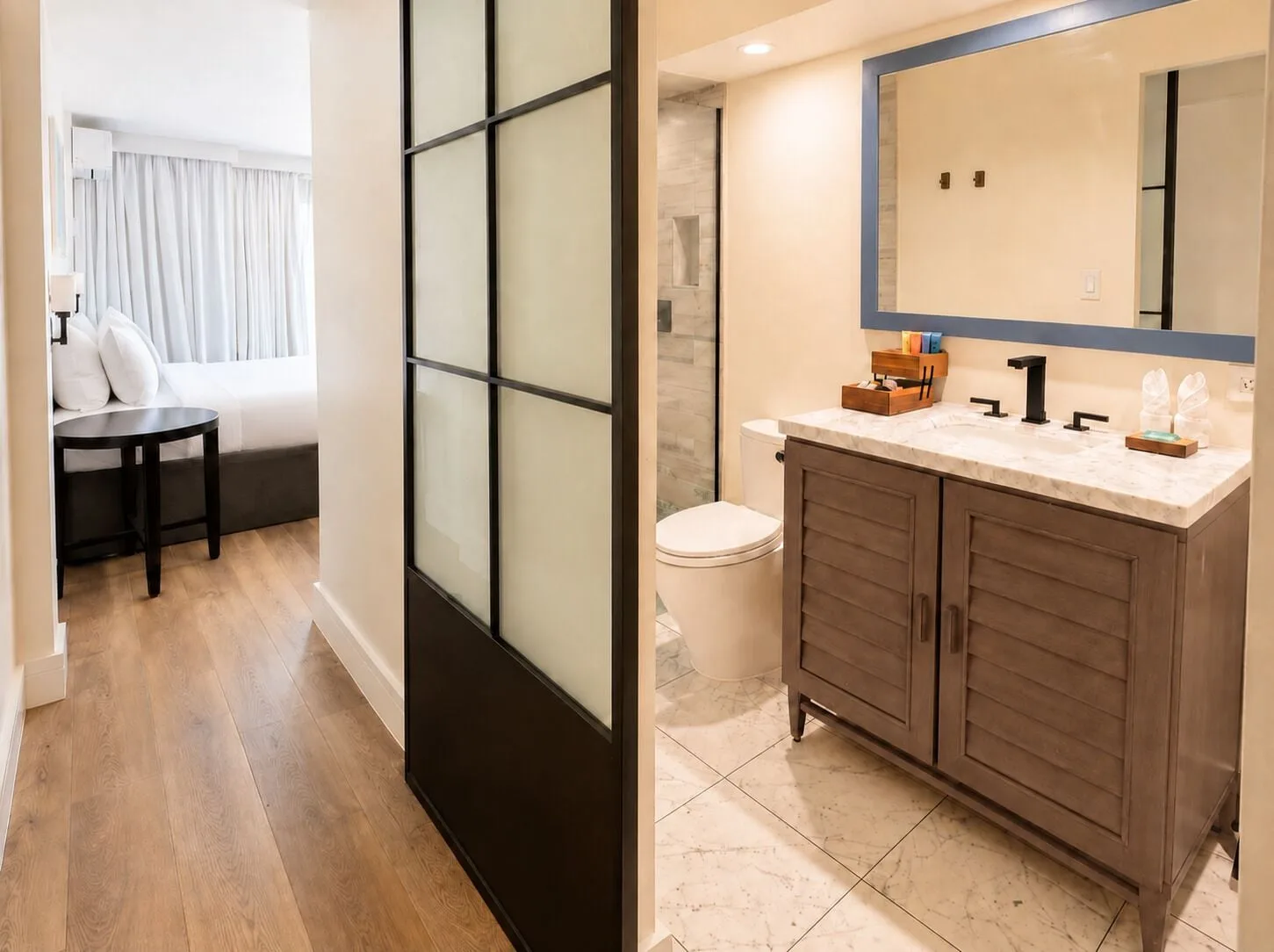 Penthouse Hoku Terrace ADA bathroom and bedroom entry at Hotel La Croix.