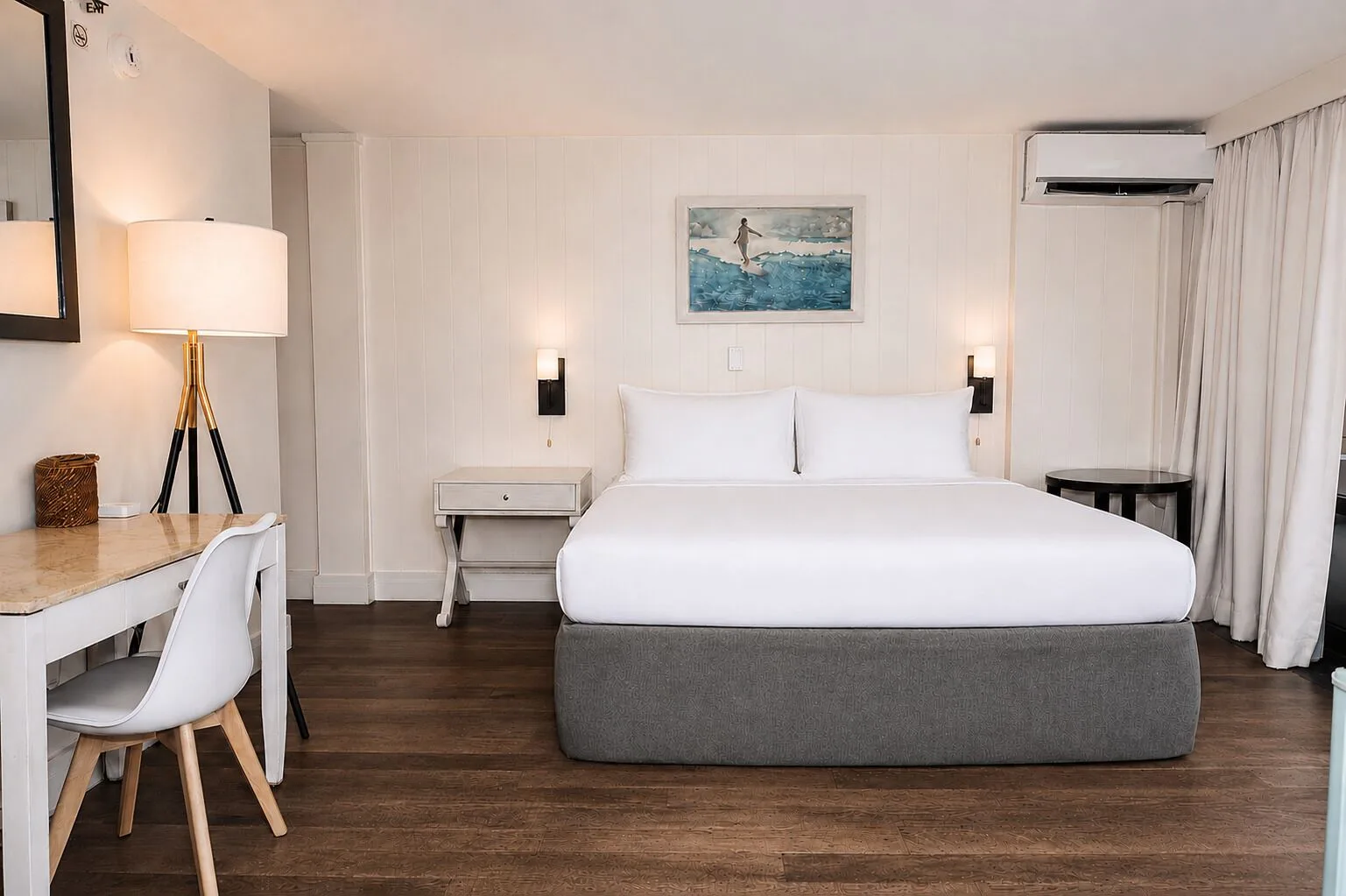 Penthouse Hoku Terrace ADA king bed and desk area at Hotel La Croix.