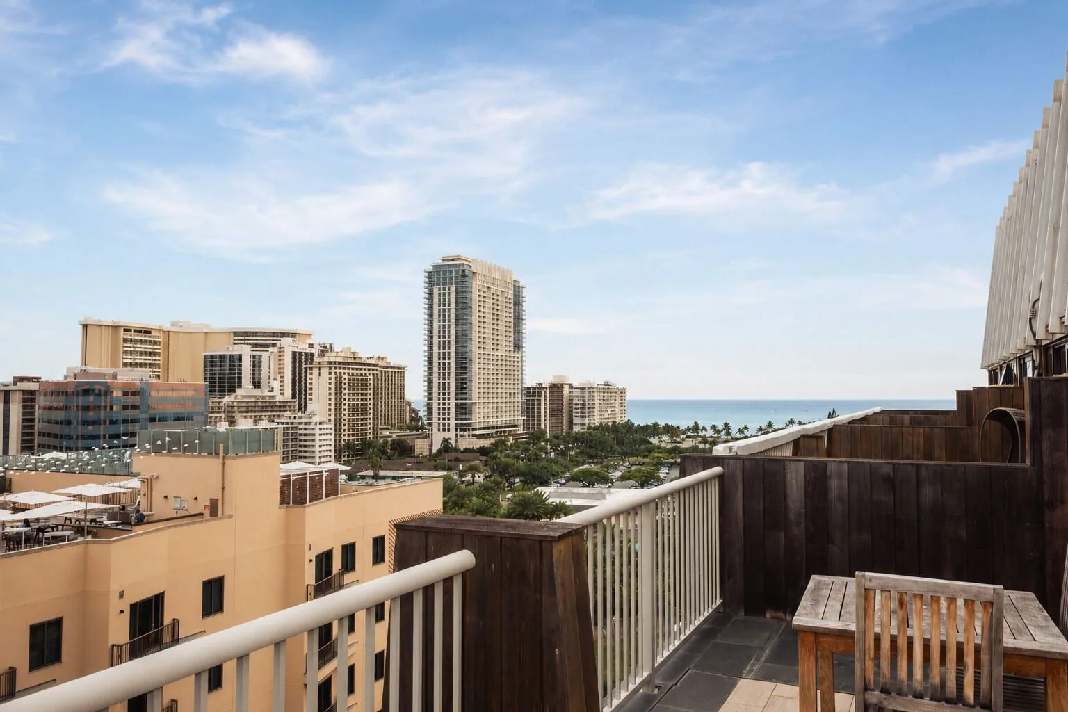 Penthouse Hoku Terrace ADA balcony with city and ocean views at Hotel La Croix.