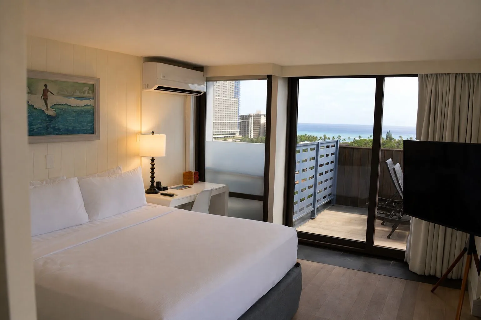 King bed, TV, and terrace with partial ocean view in Penthouse Hoku Terrace at Hotel La Croix.