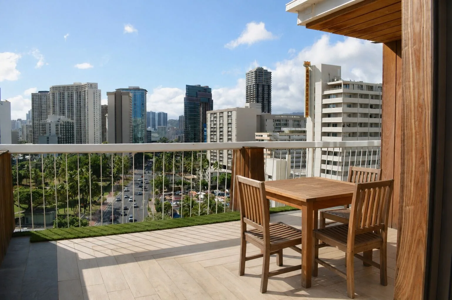 Penthouse Hoku Terrace at Hotel La Croix with outdoor table, chairs and city skyline view.