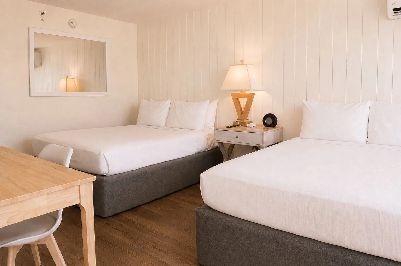 Penthouse Hoku Terrace Oceanview room with two beds, desk, chair, and nightstand at Hotel La Croix.