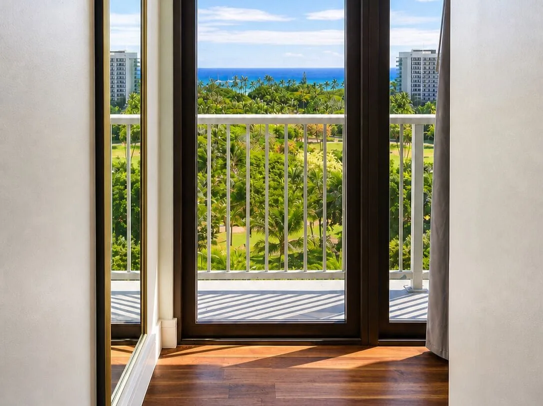 Sliding doors frame an ocean and palm view from a Premium Kalakaua Haus room at Hotel La Croix.