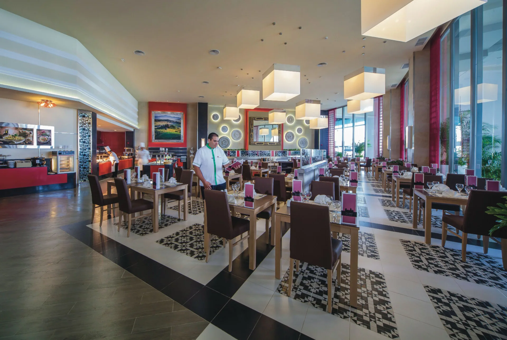 Modern buffet restaurant dining room at Hotel Riu Cancun.
