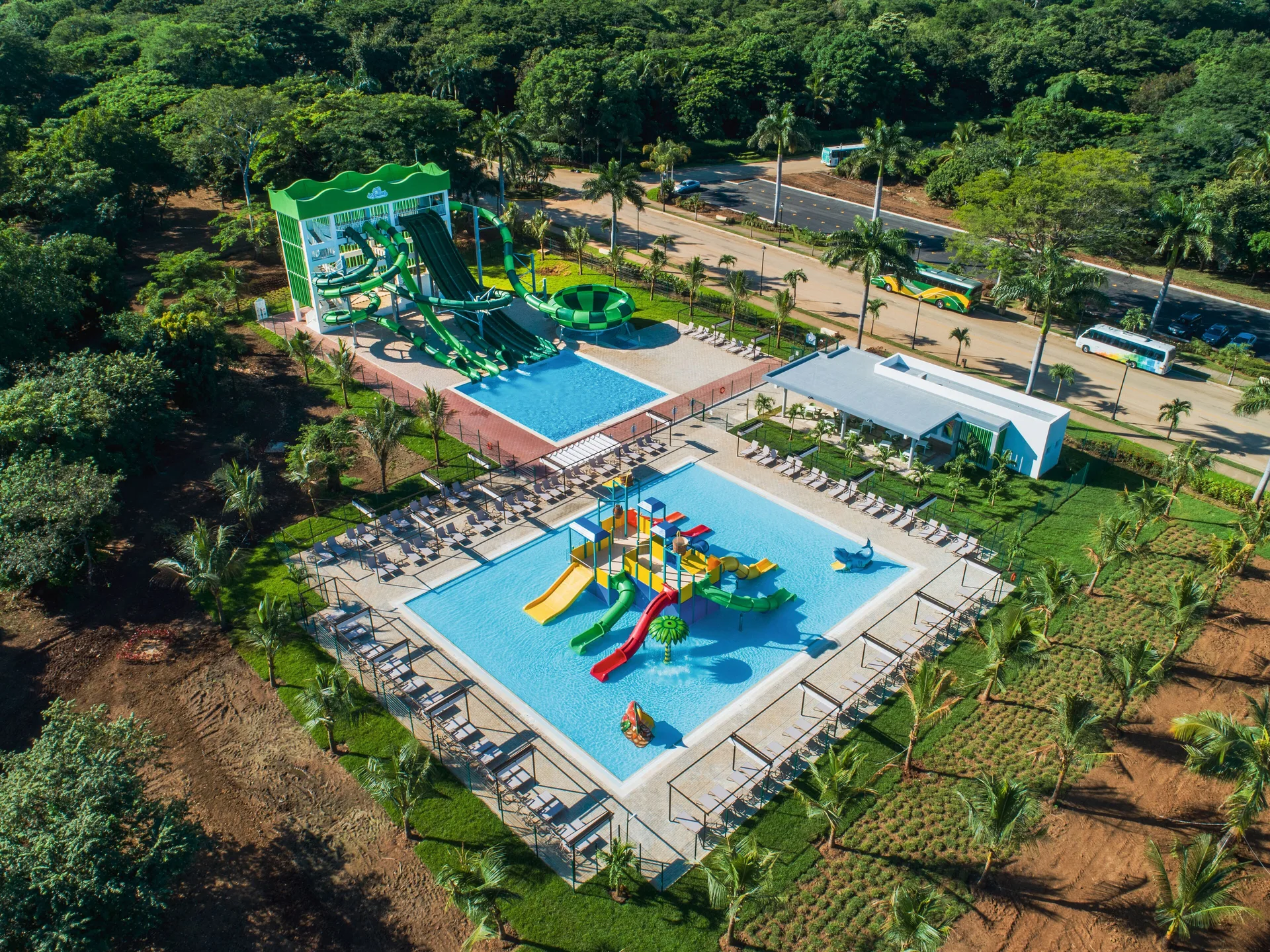 Aerial view of the water park pools and slides at Hotel Riu Guanacaste.