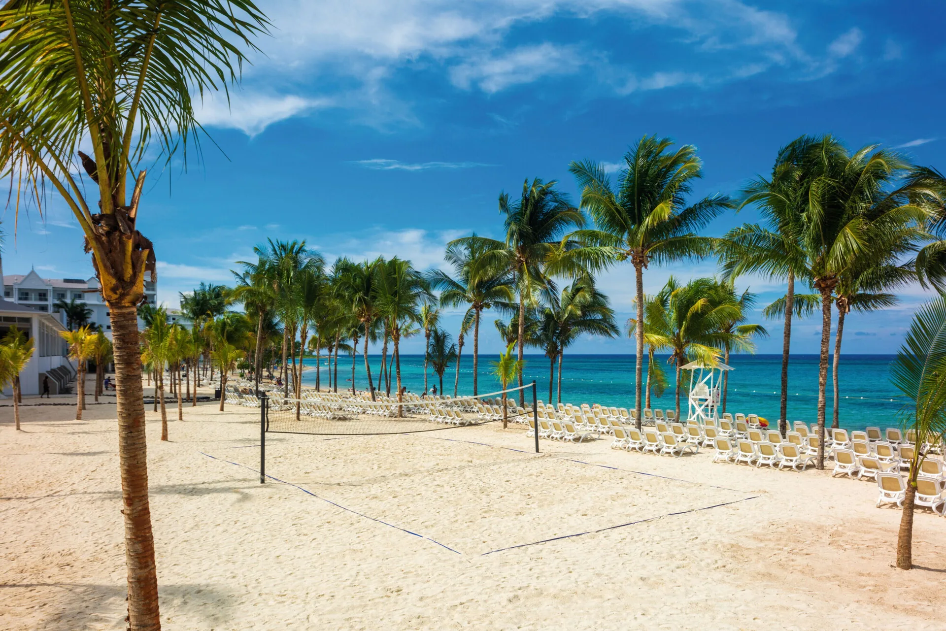 Palm-lined beach with loungers and turquoise water at Hotel Riu Ocho Rios.