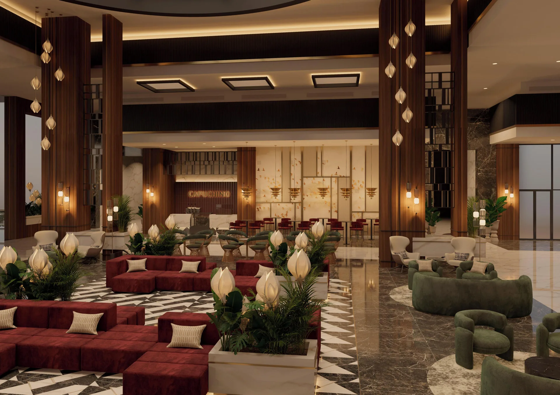 Lobby lounge with red sofas, green chairs and Capuchino cafe at Hotel Riu Palace Peninsula.