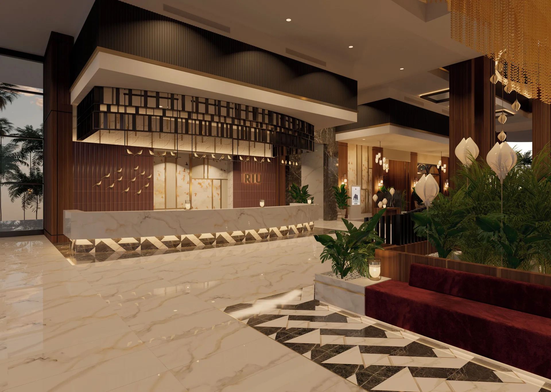 Marble reception desk and seating in the lobby at Hotel Riu Palace Peninsula.