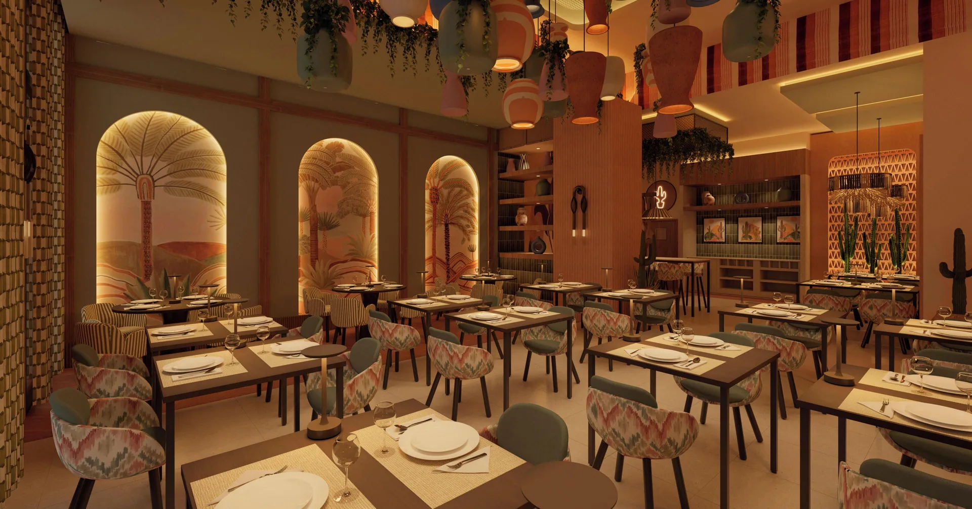 Colorful Mexican-style restaurant dining room at Hotel Riu Palace Peninsula.