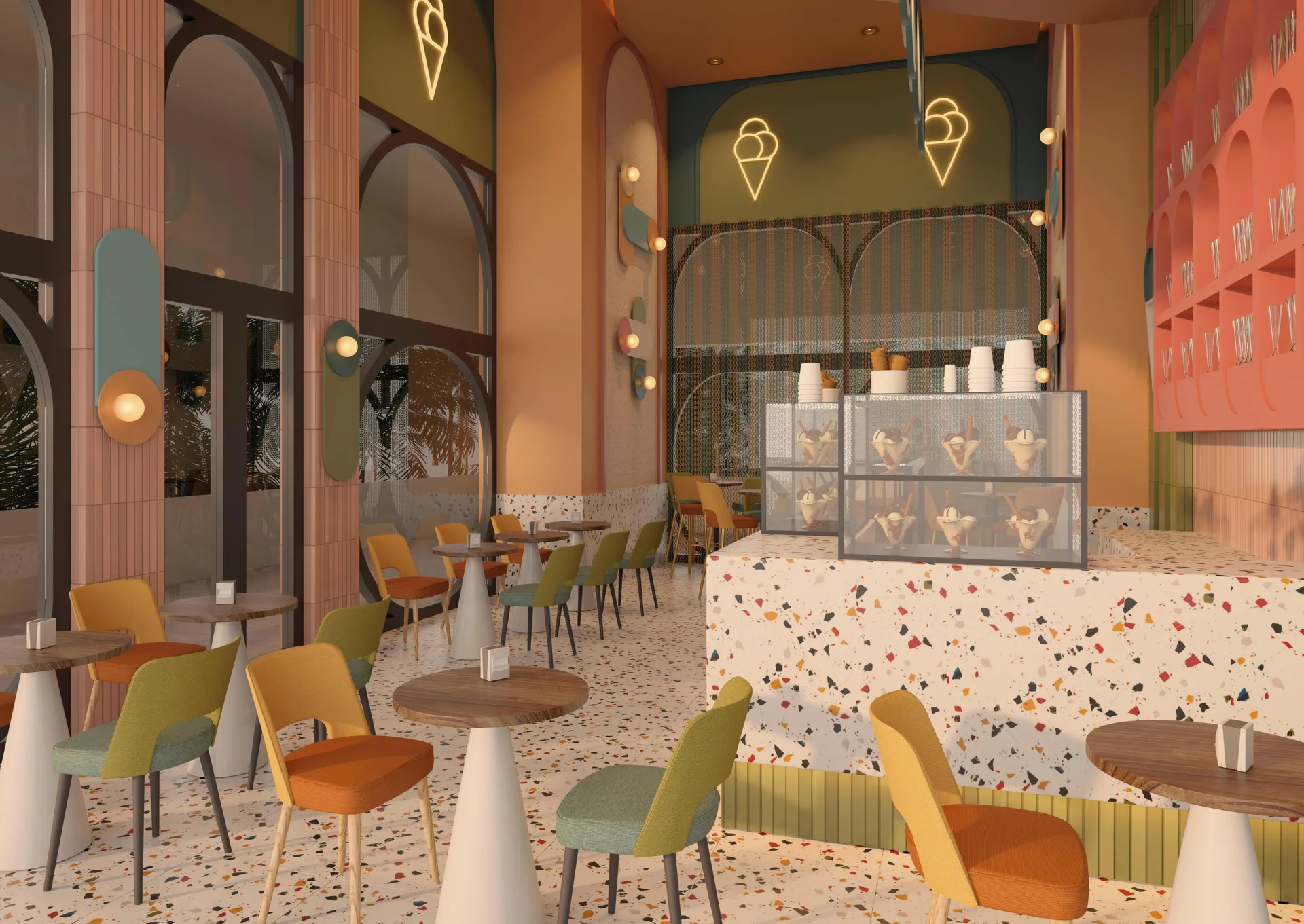 Ice cream cafe with display counter and pastel seating at Hotel Riu Palace Peninsula.