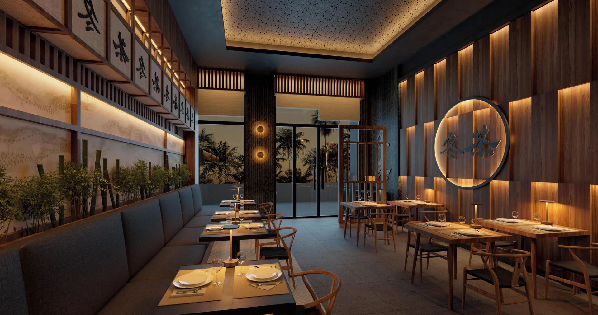 Asian restaurant dining room with wood walls at Hotel Riu Palace Peninsula.