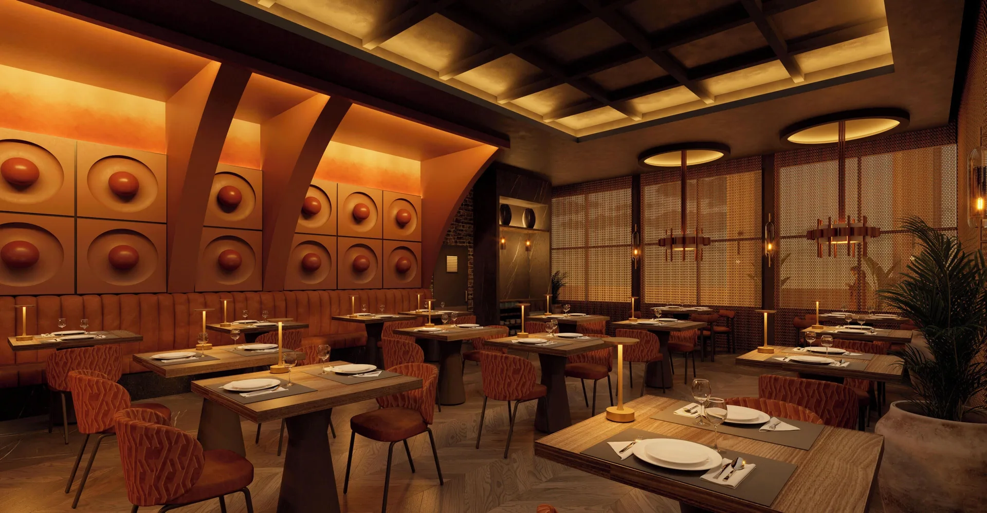 Warmly lit restaurant tables and patterned wall panels at Hotel Riu Palace Peninsula.