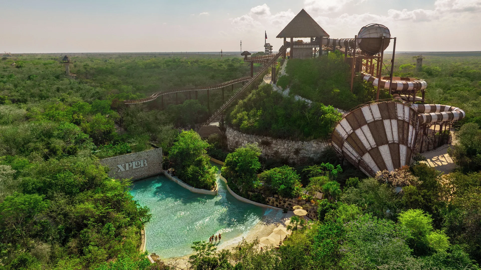 Aerial view of Xplor water slides and jungle near Hotel Xcaret Arte.