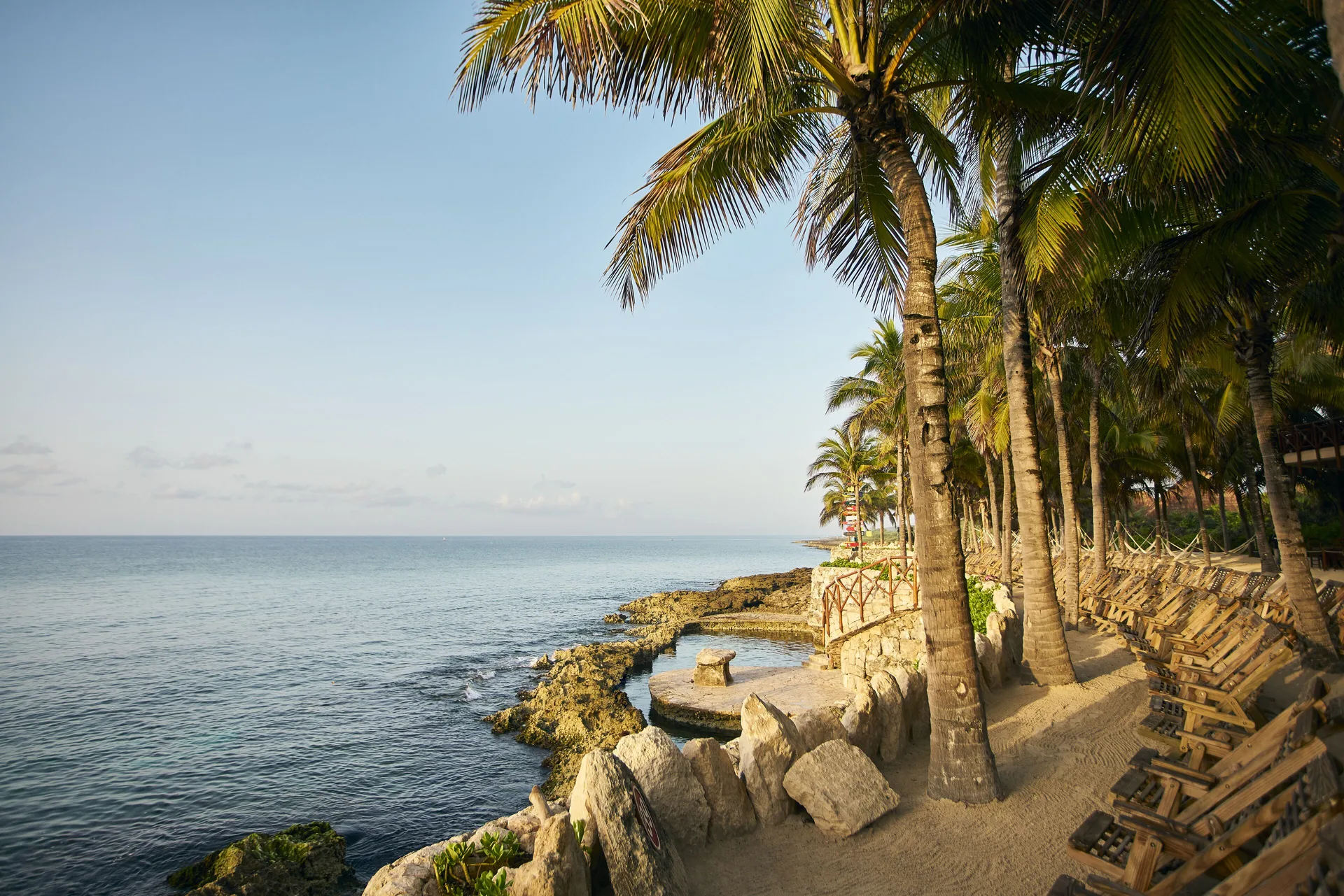 Palm-lined beachfront with lounge chairs and rocky shore at Hotel Xcaret Arte.