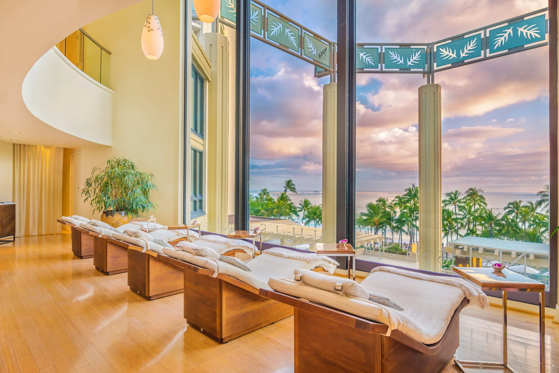Spa relaxation lounge with ocean-facing loungers at Hyatt Regency Waikiki Beach Resort & Spa.