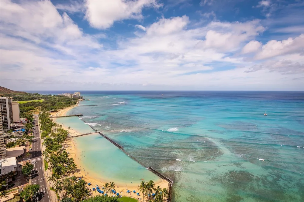 Elevated Waikiki Beach and turquoise ocean view from Hyatt Regency Waikiki Beach Resort & Spa.
