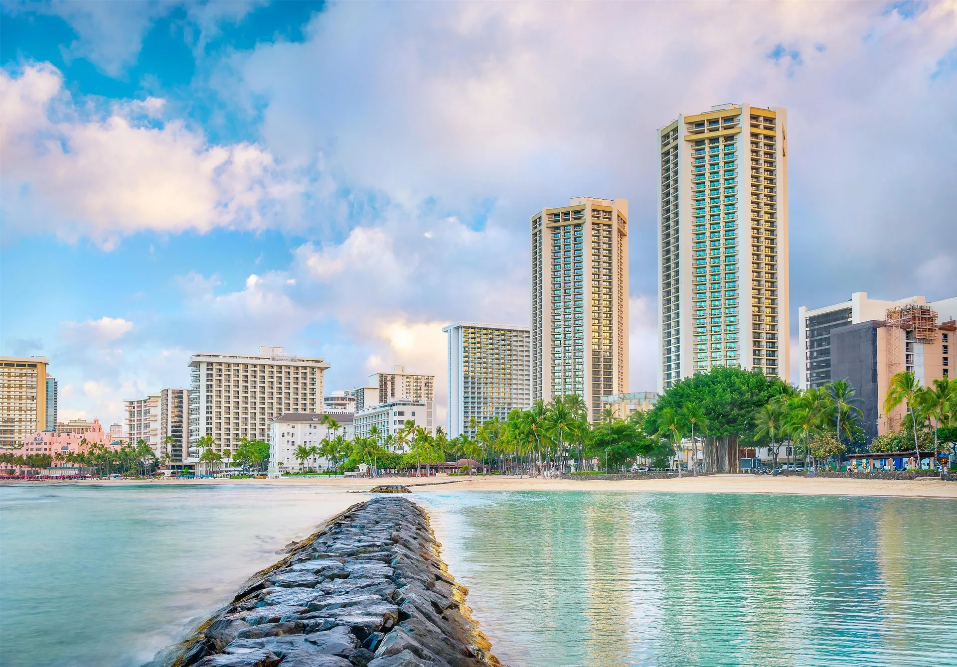 Waikiki beachfront and resort towers at Hyatt Regency Waikiki Beach Resort & Spa.