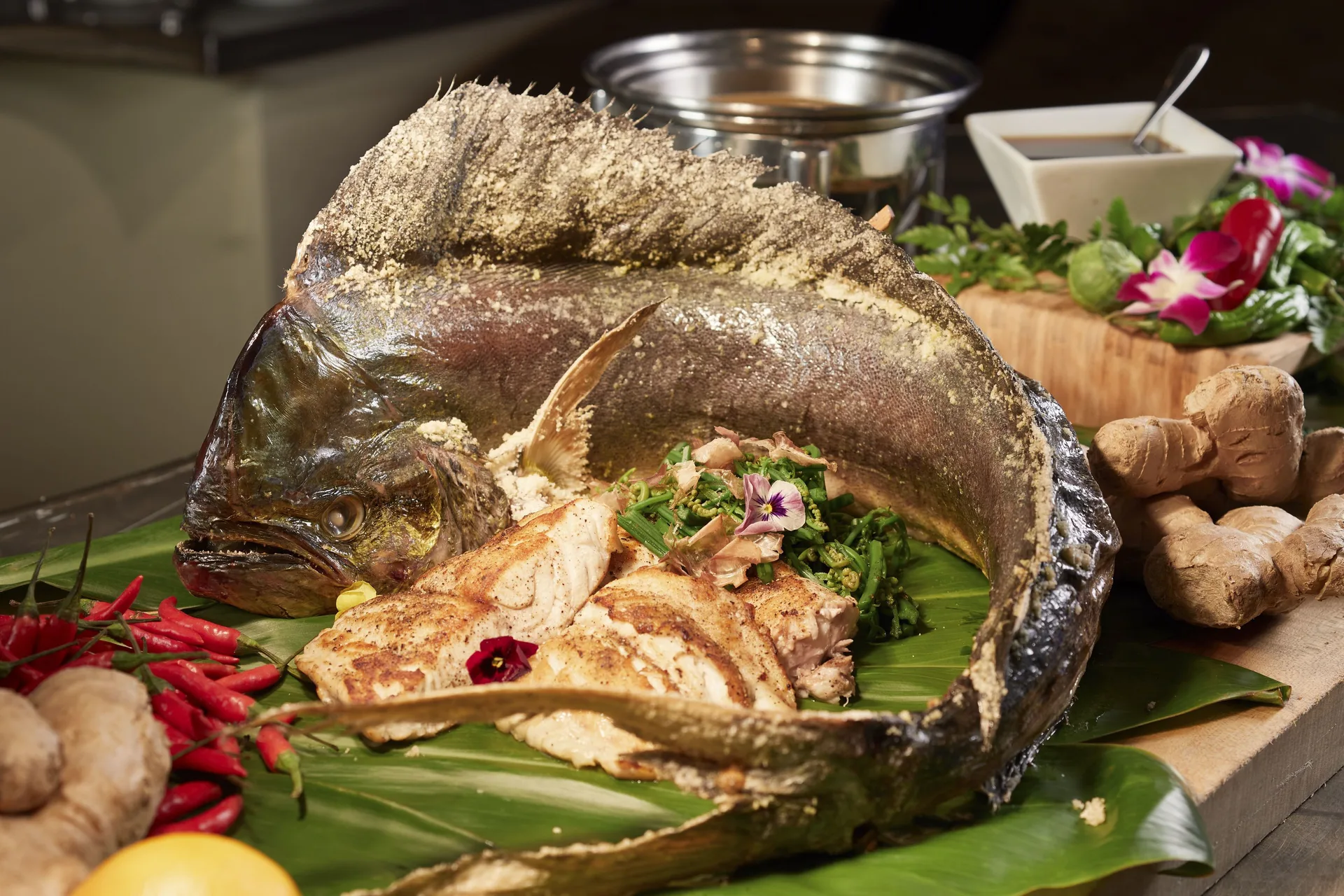 Whole roasted fish display at Hyatt Regency Waikiki Beach Resort & Spa.