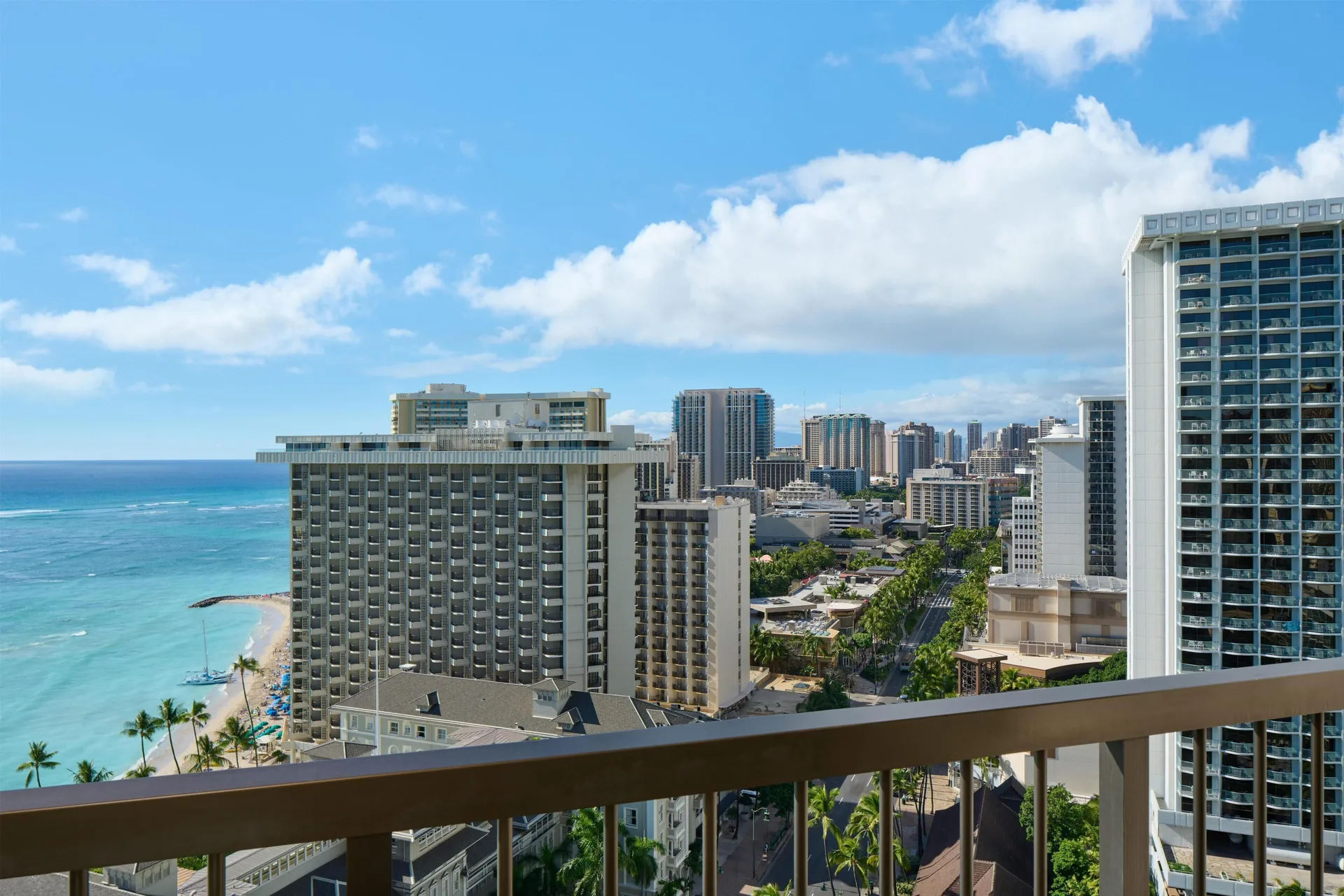 Ocean and Waikiki skyline view from a Junior Suite balcony at Hyatt Regency Waikiki Beach Resort & Spa.